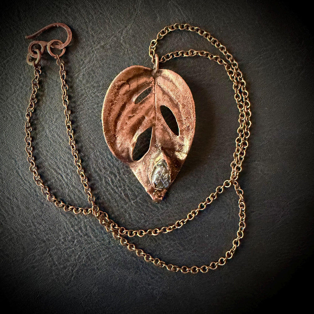 Electroformed Monstera Leaf Necklace with RAW Labradorite | Handmade Copper Jewelry | 18” Patina Chain __etsy:8034791775