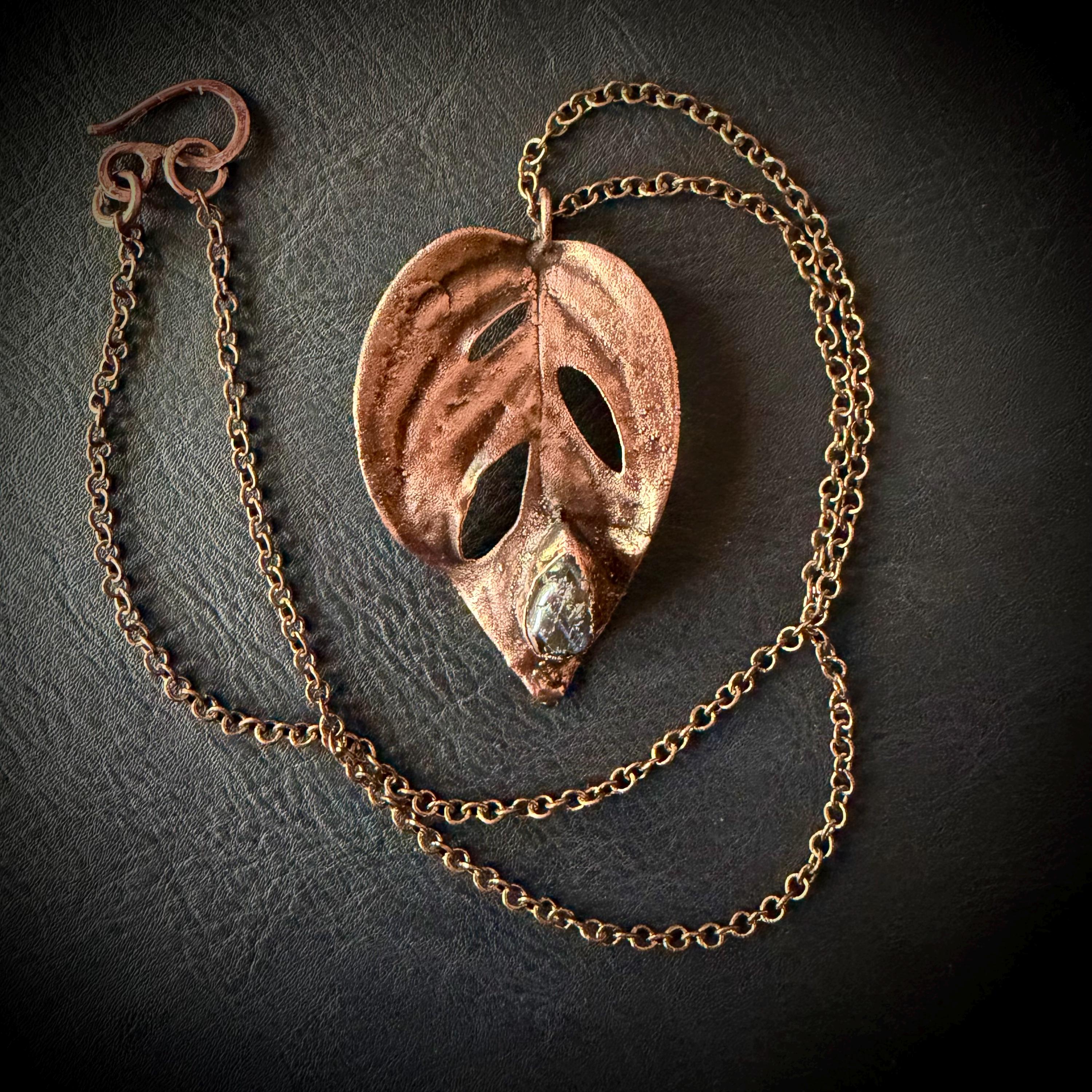 Electroformed Monstera Leaf Necklace with RAW Labradorite | Handmade Copper Jewelry | 18” Patina Chain __etsy:8034791775