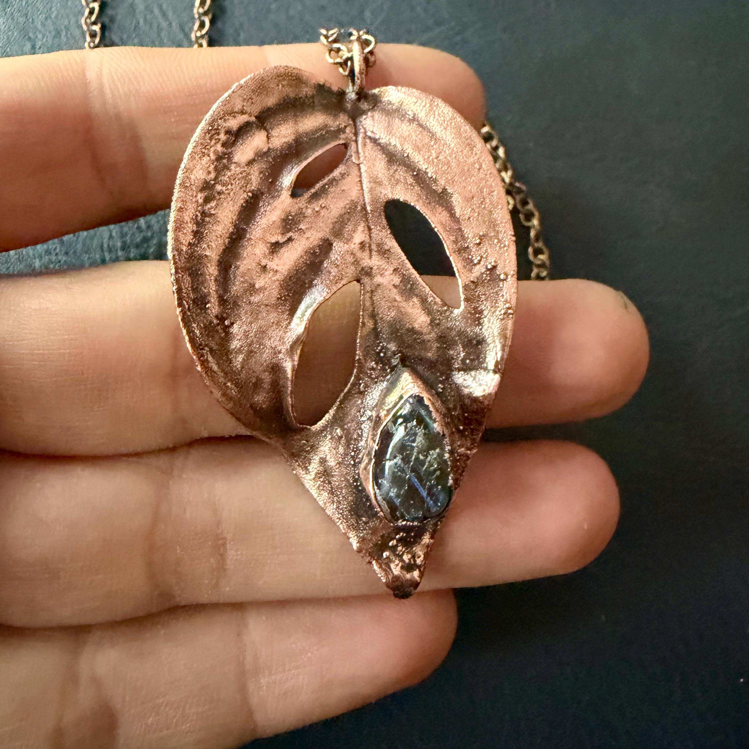 Electroformed Monstera Leaf Necklace with RAW Labradorite | Handmade Copper Jewelry | 18” Patina Chain __etsy:7986855130