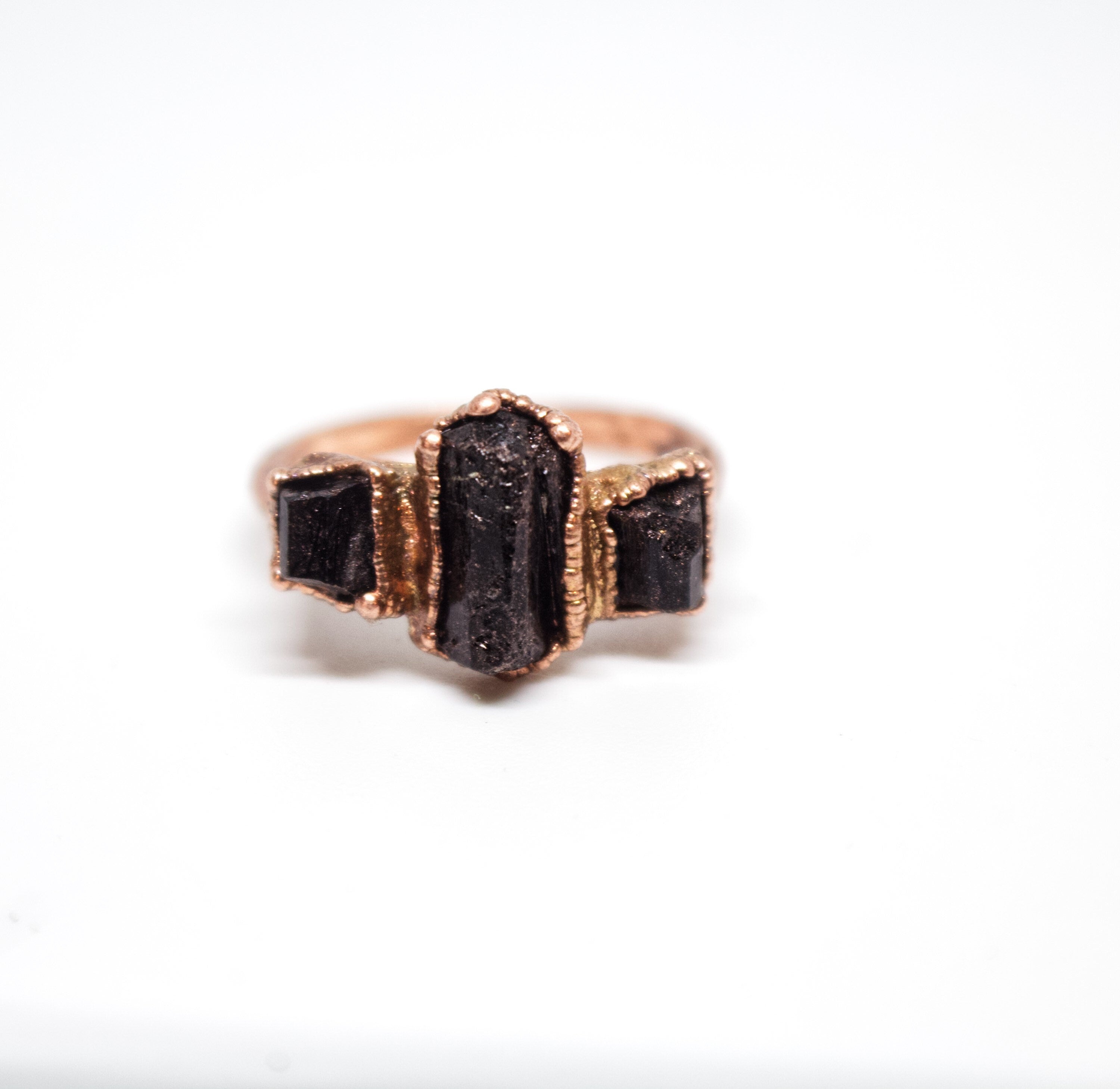 Black Tourmaline Three Stone Ring (Size 4 & 8) | Electroformed Copper Ring | Protective Crystal Jewelry | Handmade Boho Ring | Custom Size