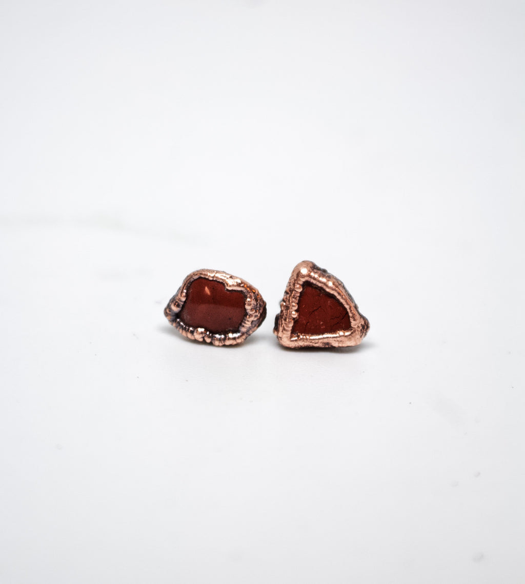 Red Jasper Birthstone Earrings / Dainty Red Copper Studs / Electroformed Jewelry