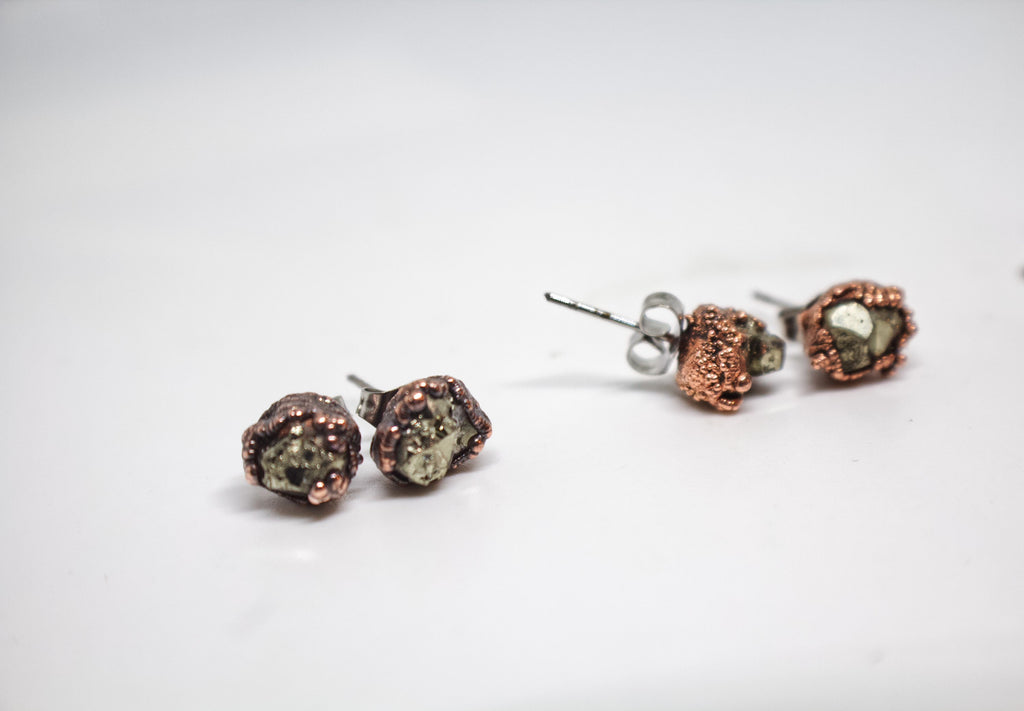 Raw Pyrite Copper Stud Earrings / Copper Studs / Electroformed Jewelry