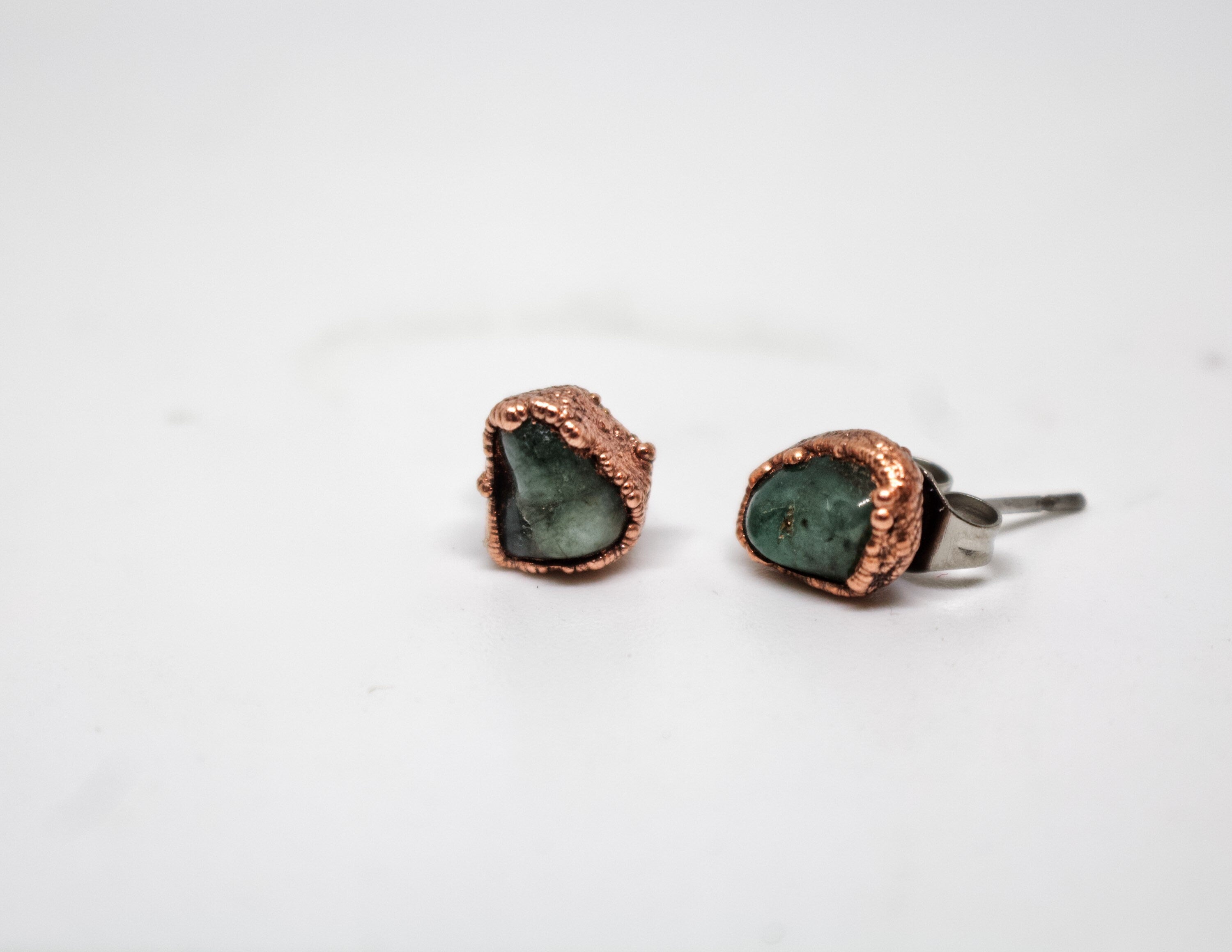Emerald Copper Stud Earrings Birthstone May / Electroformed Mineral Jewelry / Simple Studs