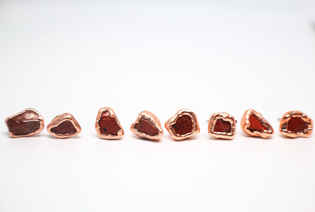 Red Jasper Birthstone Earrings / Dainty Red Copper Studs / Electroformed Jewelry
