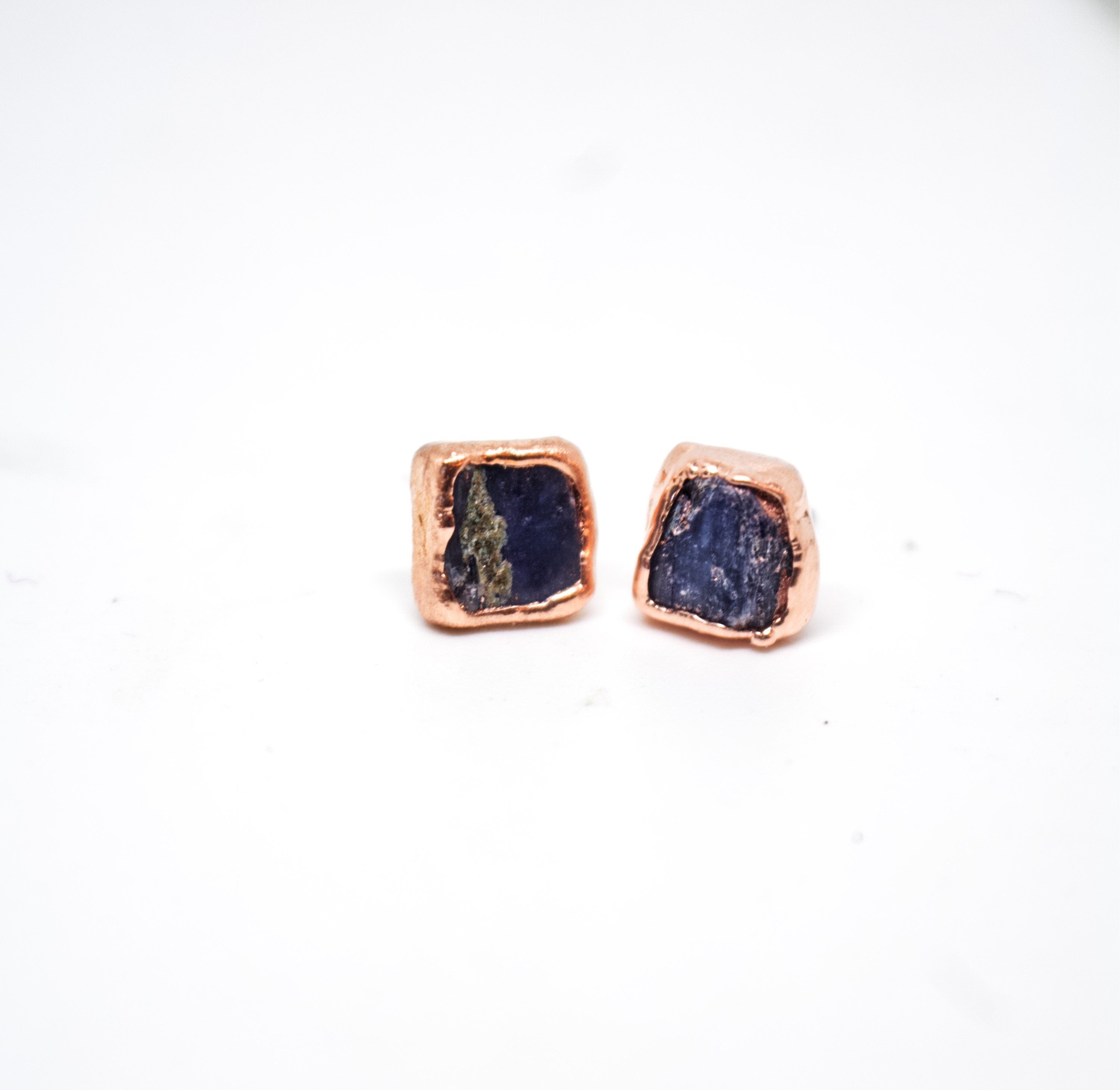 Kyanite Copper Stud Earrings: Raw Birthstone Jewelry