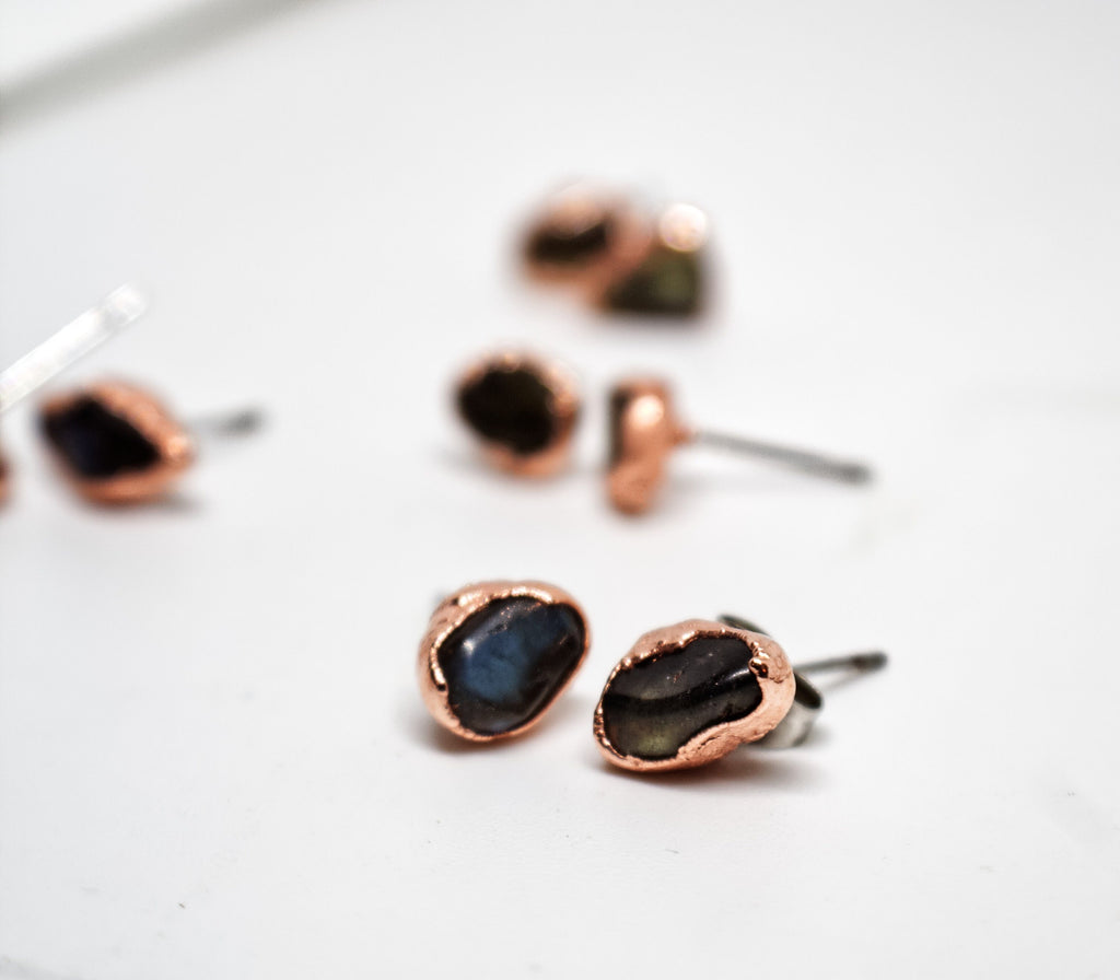 Labradorite Earrings / Copper Studs / Electroformed Jewelry