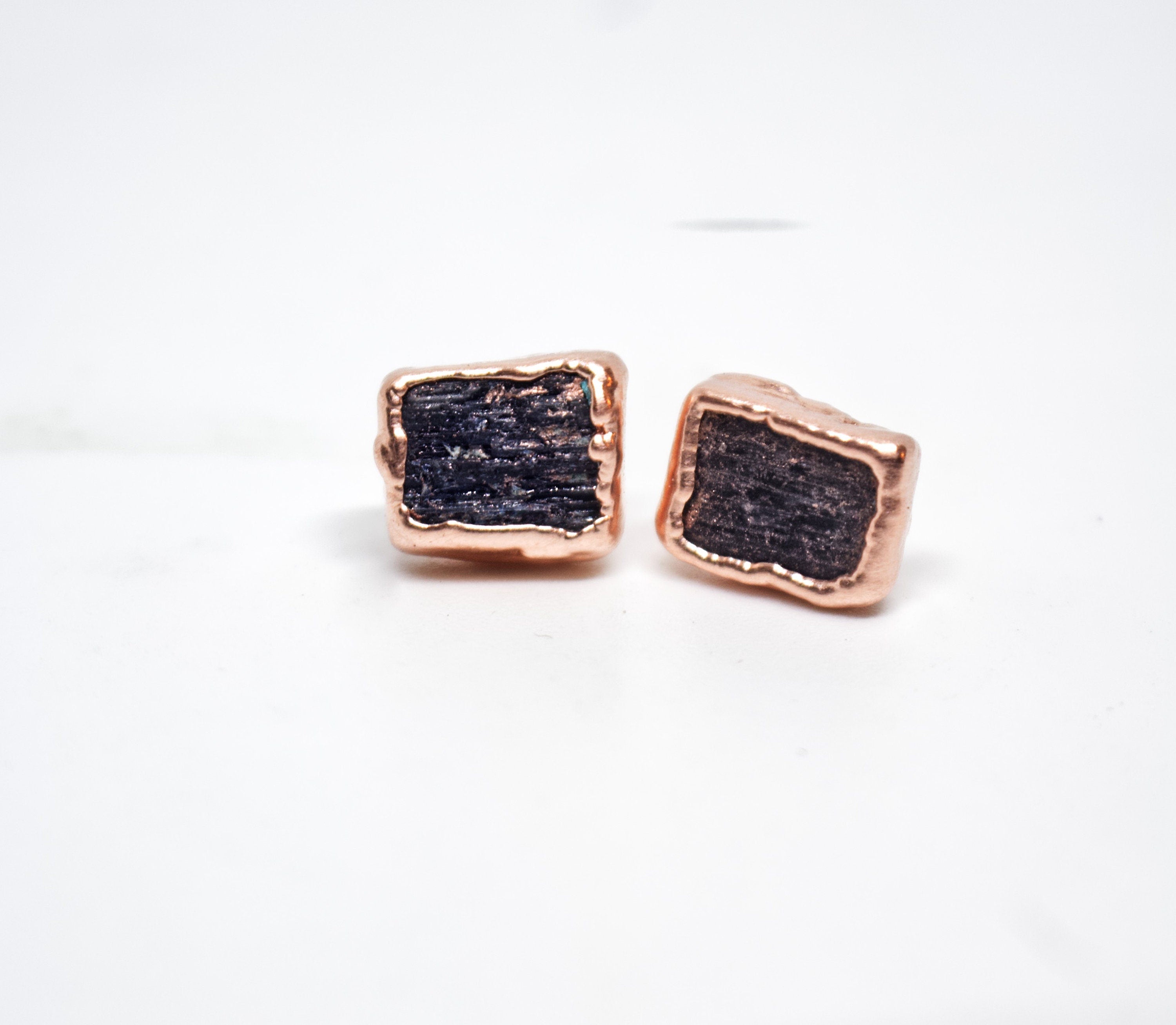 Kyanite Copper Stud Earrings: Raw Birthstone Jewelry