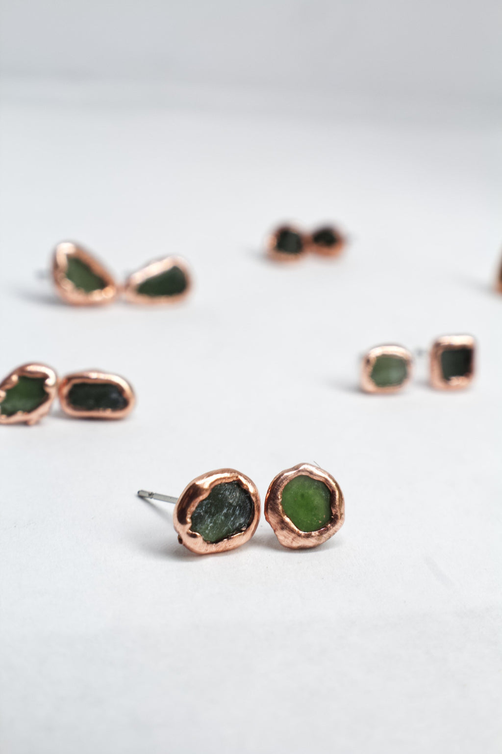 Jade Earrings / Birthstone August Earrings / Simple Copper Studs / Electroformed Jewelry