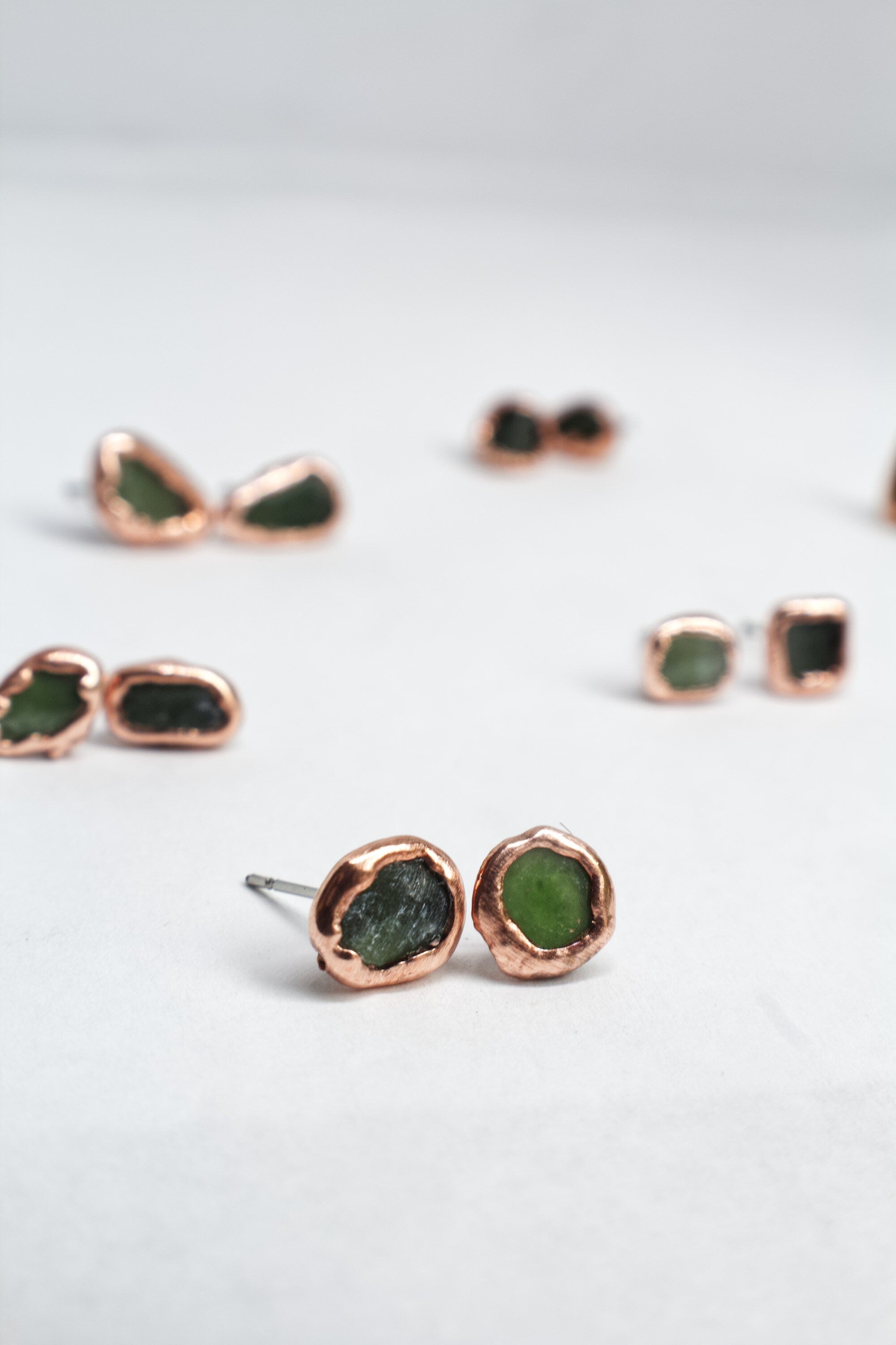 Jade Earrings / Birthstone August Earrings / Simple Copper Studs / Electroformed Jewelry