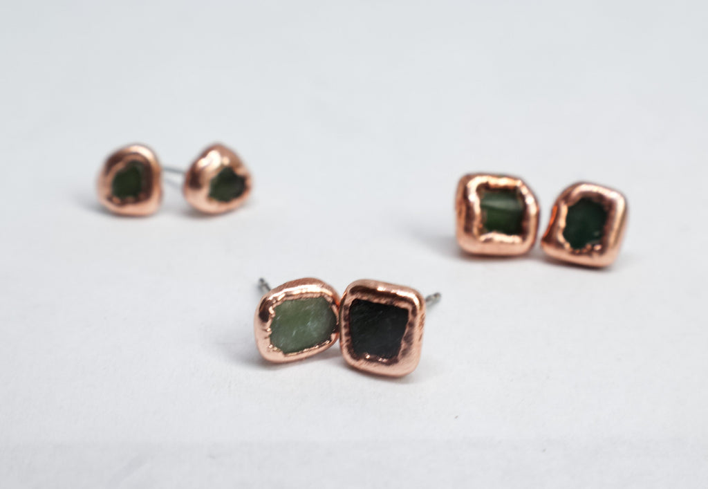 Jade Earrings / Birthstone August Earrings / Simple Copper Studs / Electroformed Jewelry