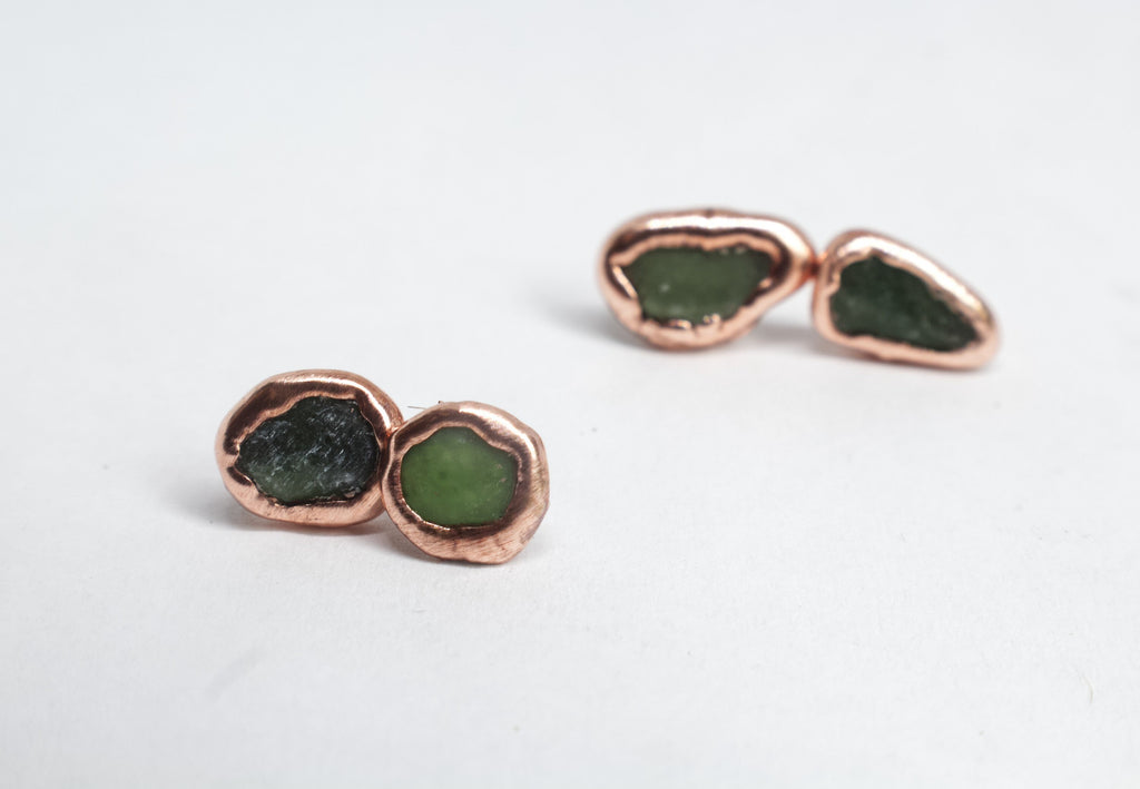 Jade Earrings / Birthstone August Earrings / Simple Copper Studs / Electroformed Jewelry