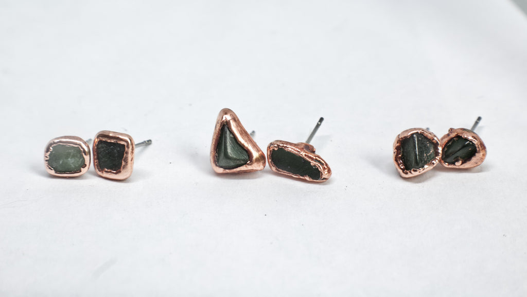 Jade Earrings / Birthstone August Earrings / Simple Copper Studs / Electroformed Jewelry