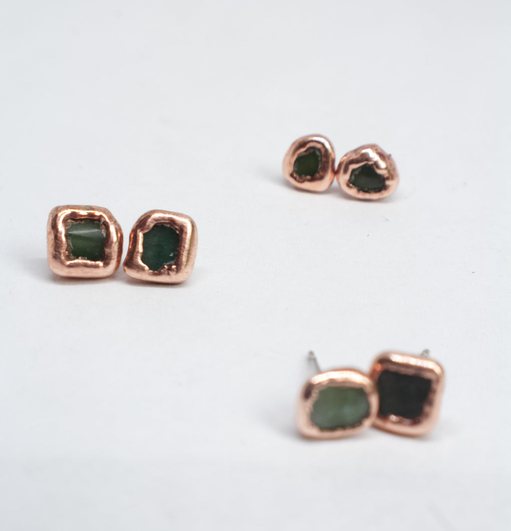Jade Earrings / Birthstone August Earrings / Simple Copper Studs / Electroformed Jewelry