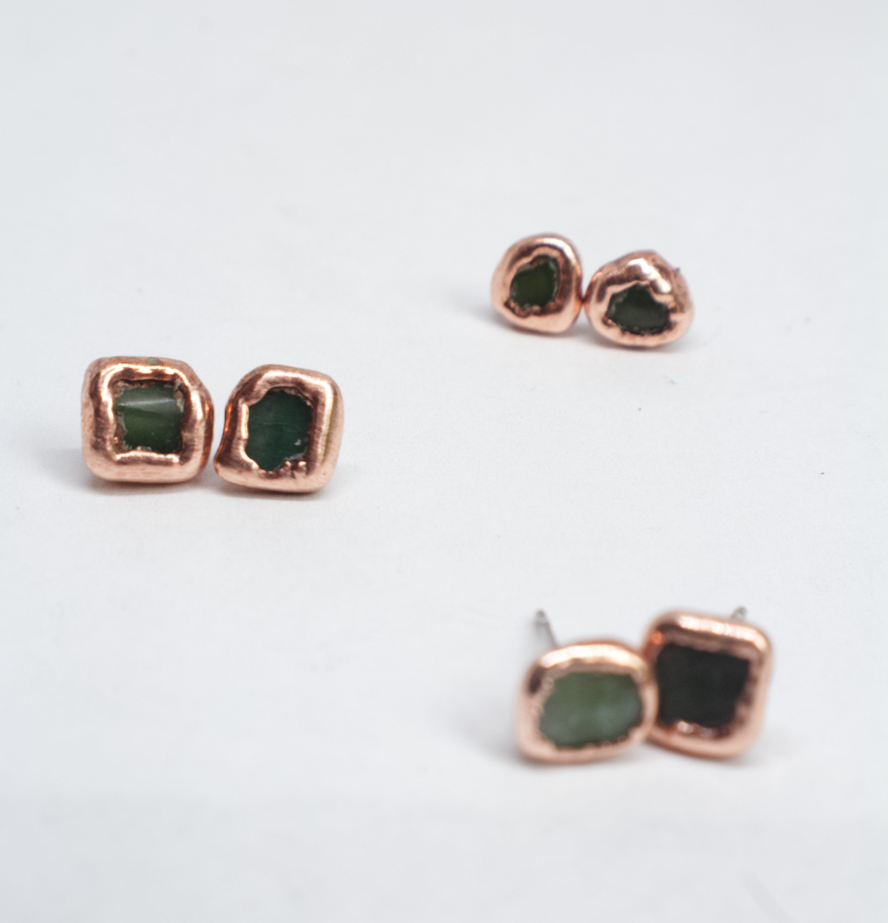Jade Earrings / Birthstone August Earrings / Simple Copper Studs / Electroformed Jewelry
