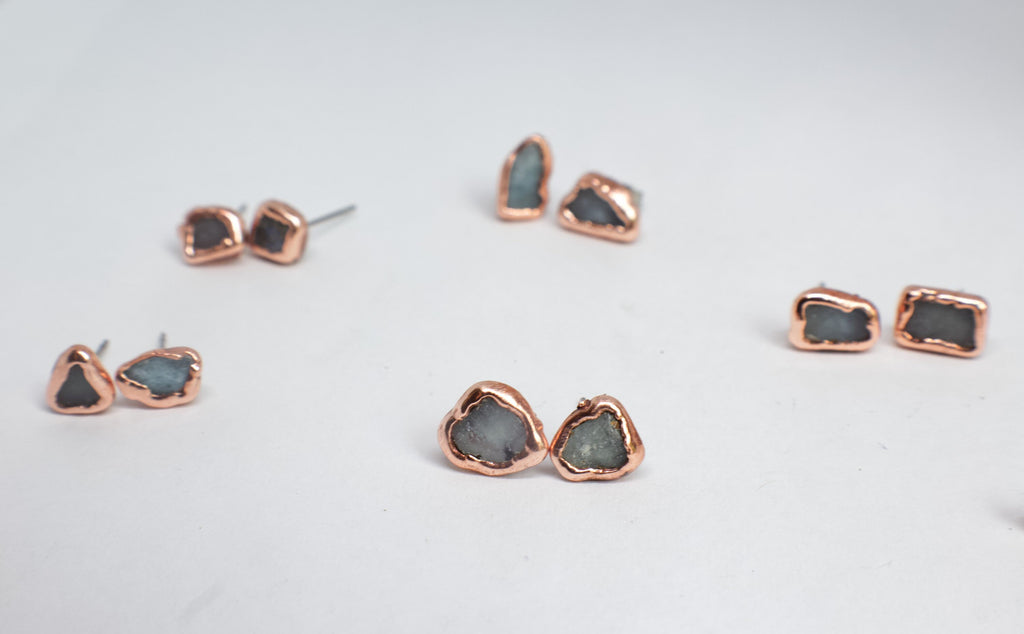 Aquamarine Earrings / Birthstone Stud Earrings / Electroformed Copper