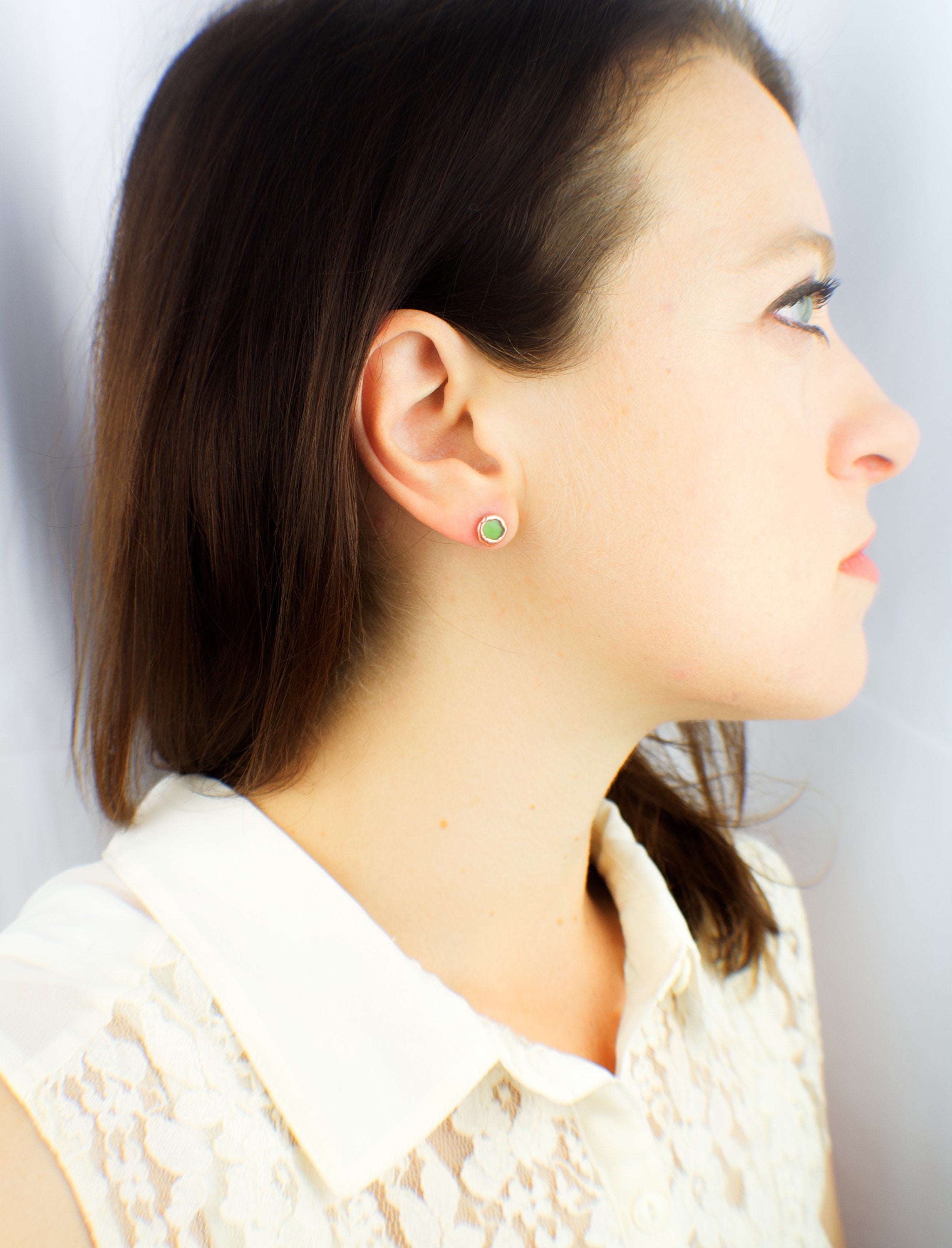 Jade Earrings / Birthstone August Earrings / Simple Copper Studs / Electroformed Jewelry