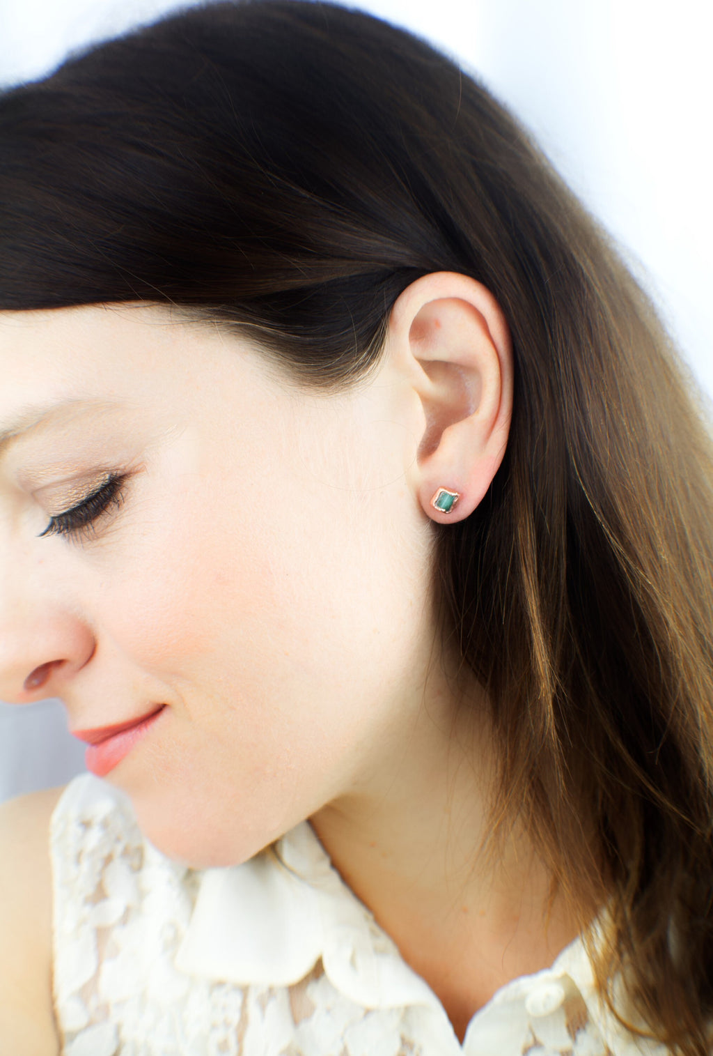 Emerald Copper Stud Earrings Birthstone May / Electroformed Mineral Jewelry / Simple Studs