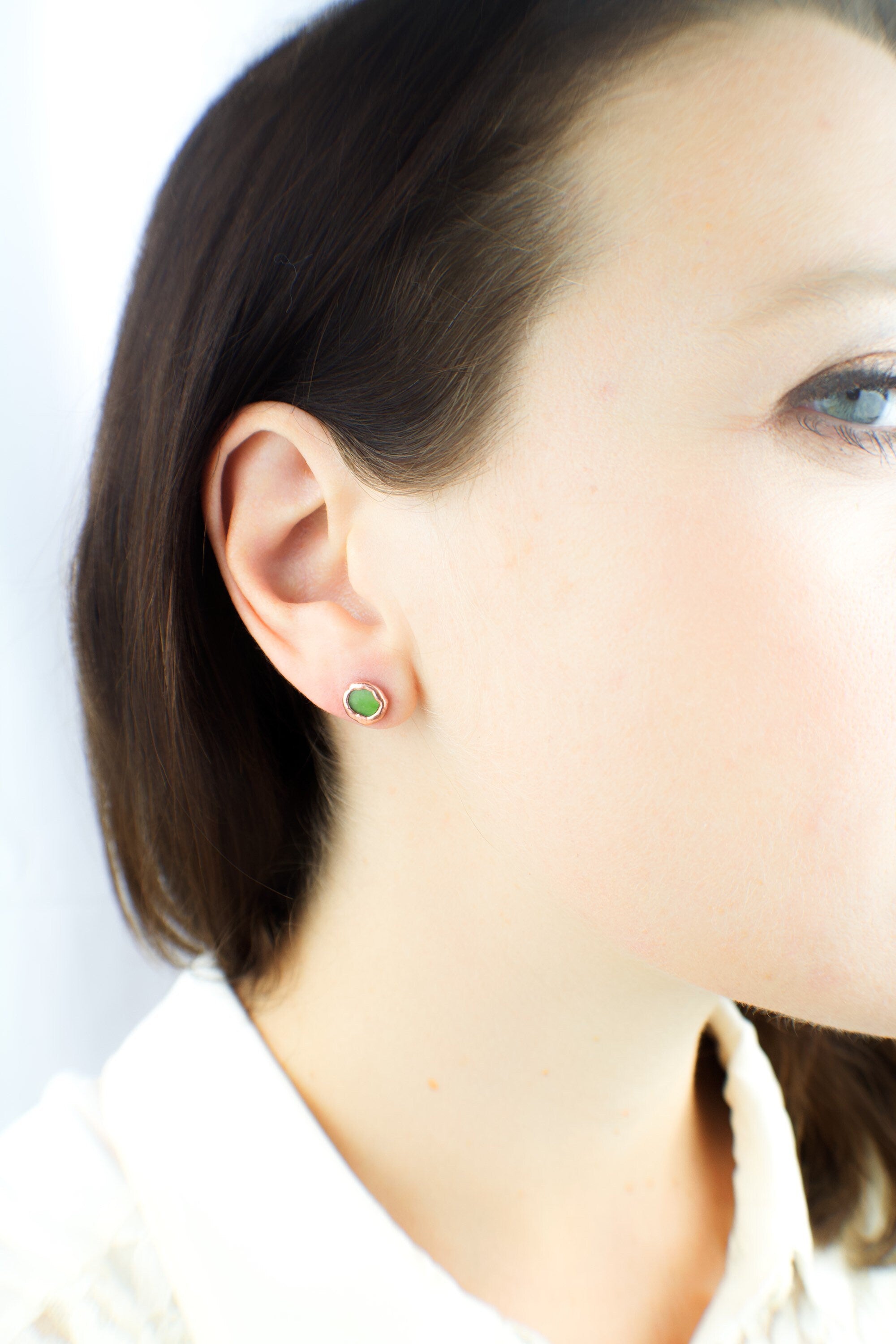 Jade Earrings / Birthstone August Earrings / Simple Copper Studs / Electroformed Jewelry