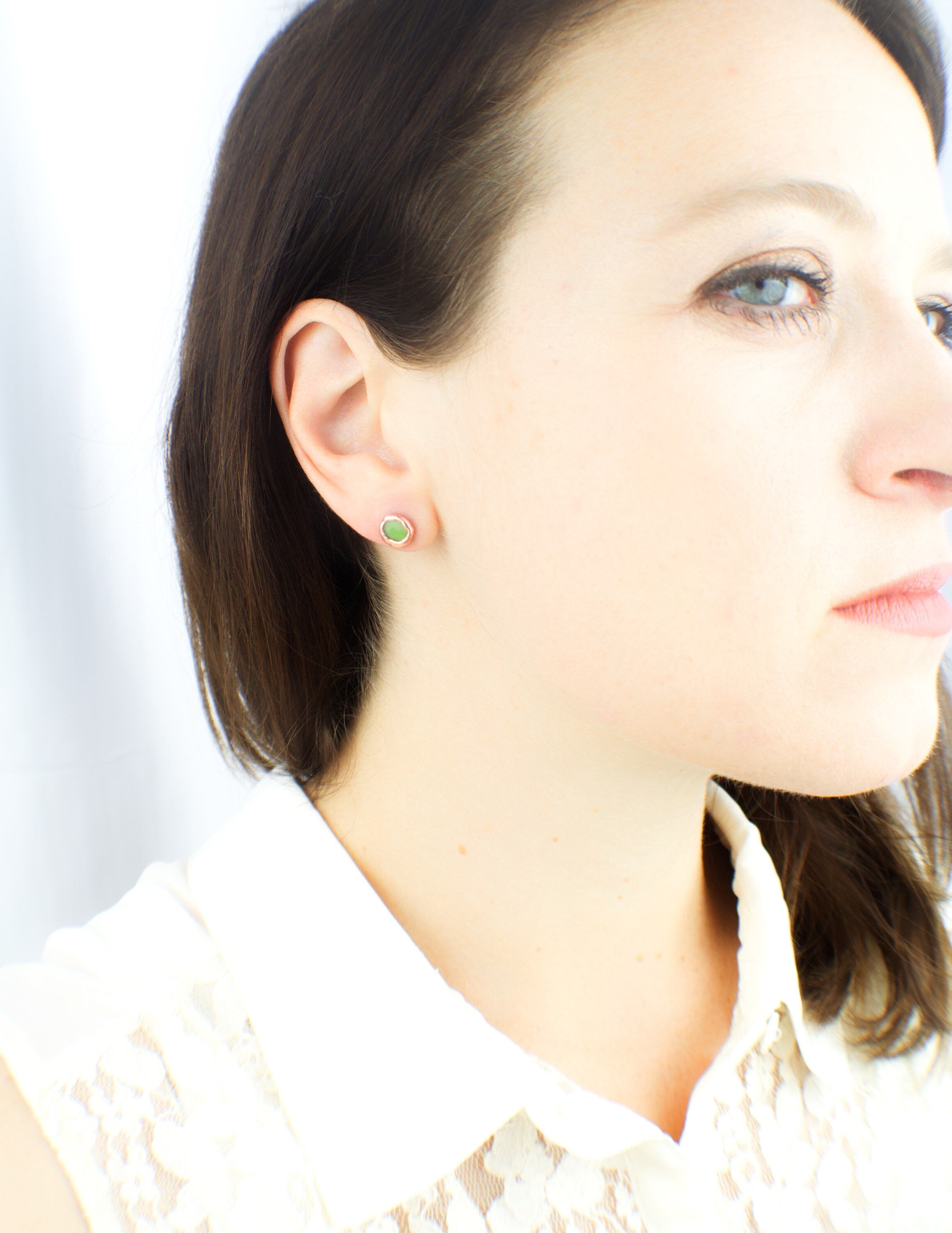 Jade Earrings / Birthstone August Earrings / Simple Copper Studs / Electroformed Jewelry