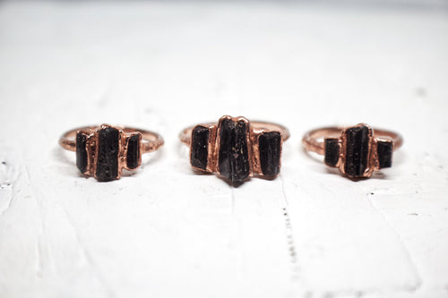 Black Tourmaline Three Stone Ring (Size 4 & 8) | Electroformed Copper Ring | Protective Crystal Jewelry | Handmade Boho Ring | Custom Size