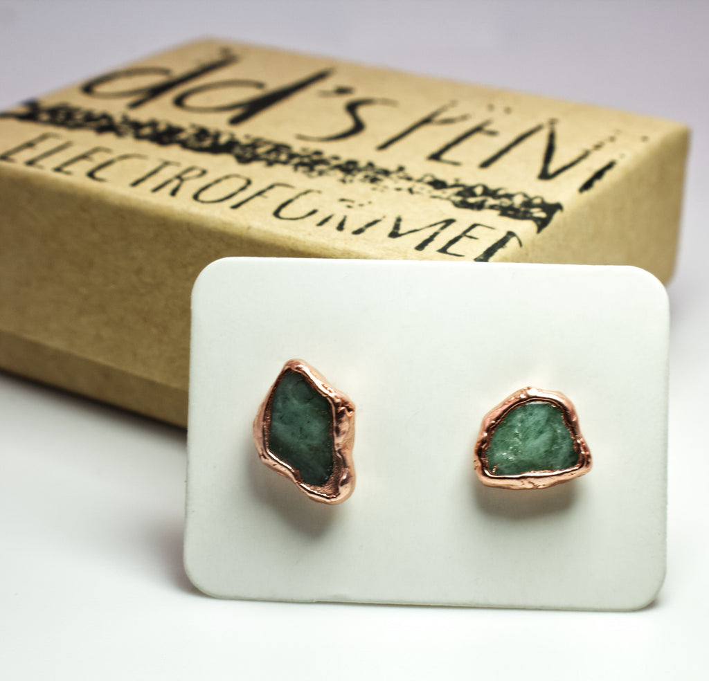 Emerald Copper Stud Earrings Birthstone May / Electroformed Mineral Jewelry / Simple Studs