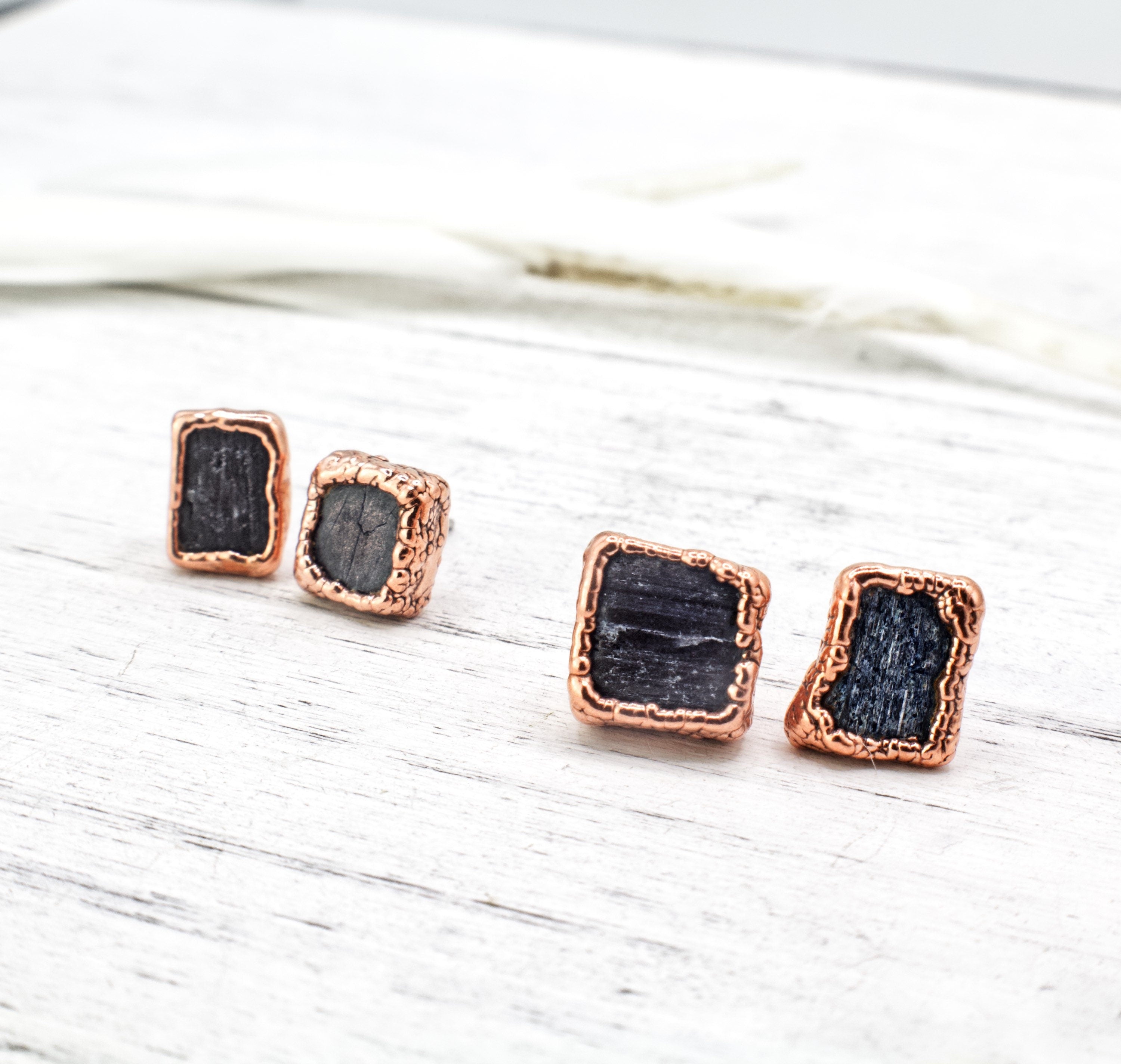 Small square blue kyanite electroformed copper stud earrings.