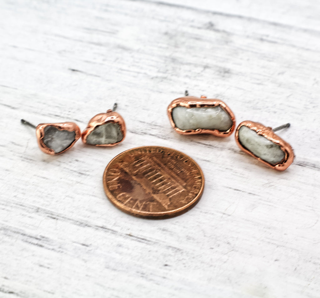 Moonstone Stud Earrings: Electroformed Copper, June Birthstone