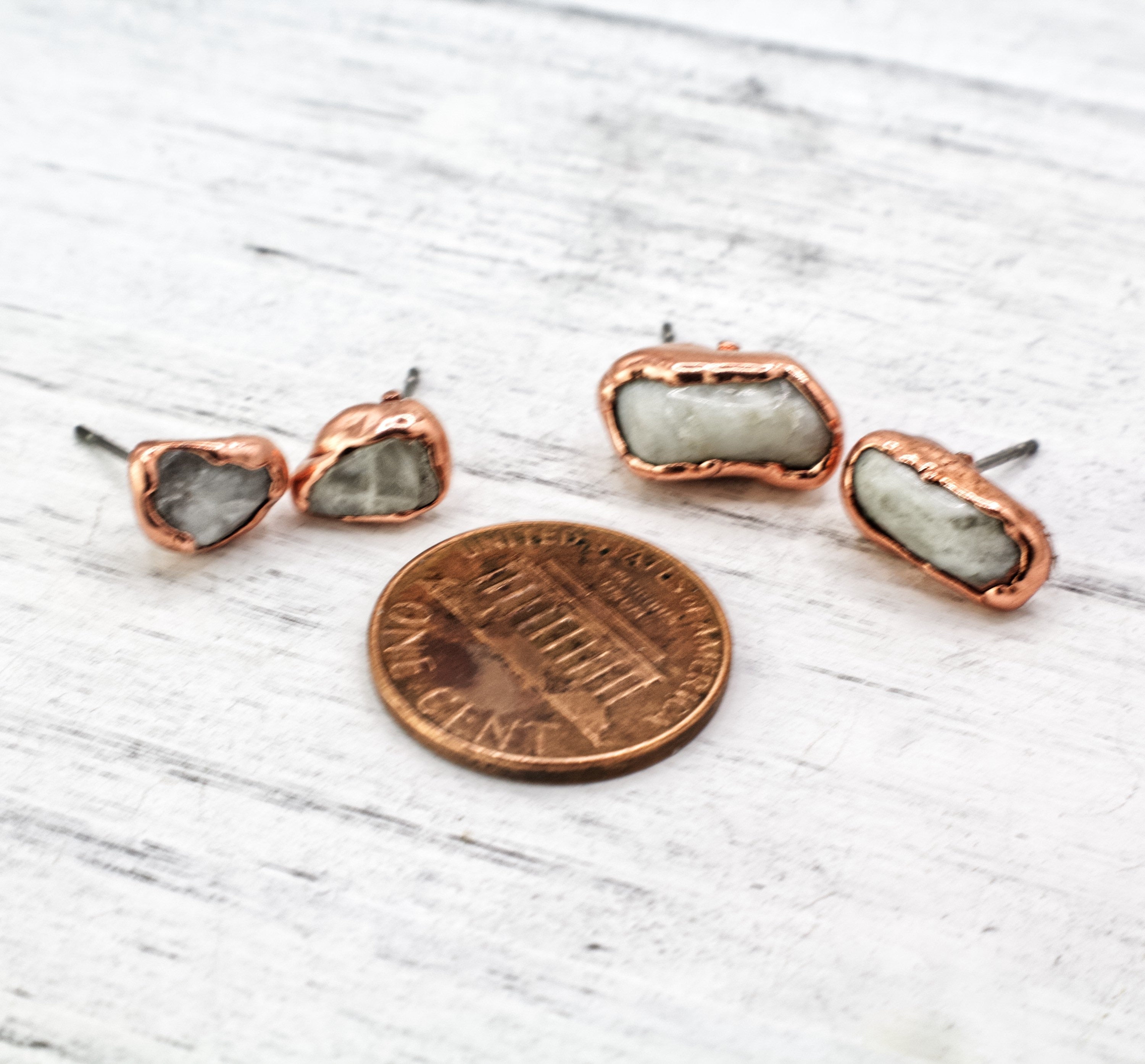 Moonstone Stud Earrings: Electroformed Copper, June Birthstone
