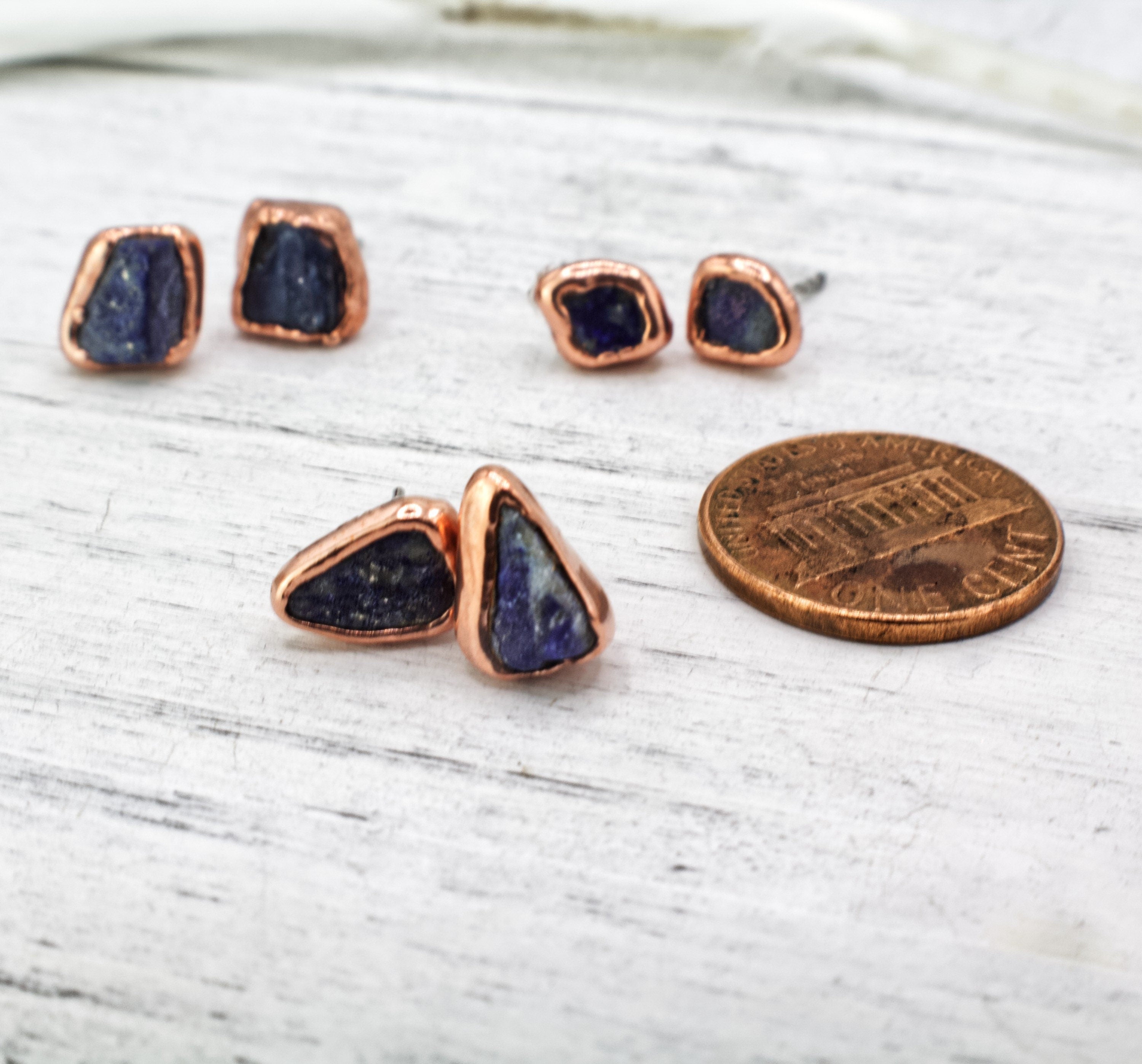 Lapis Lazuli Earrings / September Birthstone Earrings / Simple Copper Studs / Electroformed Jewelry