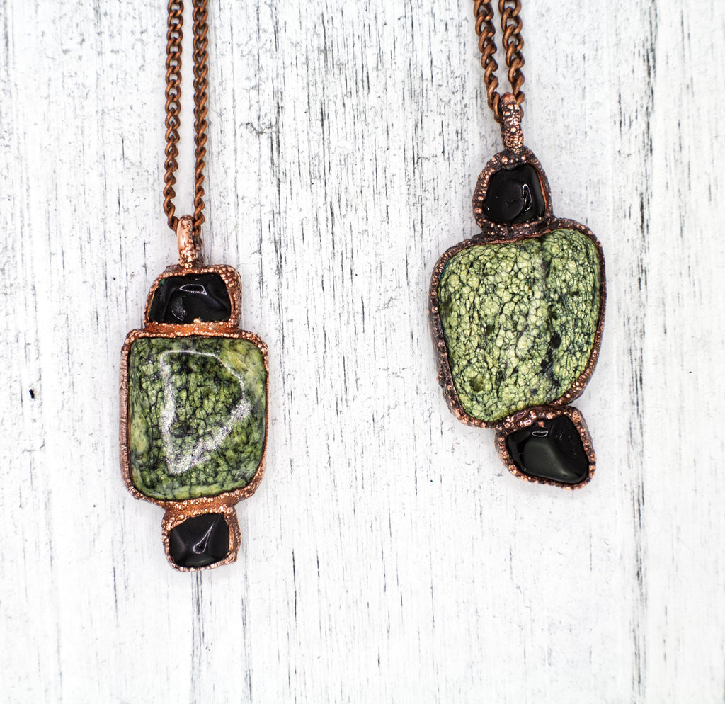 Green Lace Agate & Black Obsidian Necklace | Natural Gemstone Necklace | Electroformed Copper Jewelry | Handmade Green Crystal Pendant