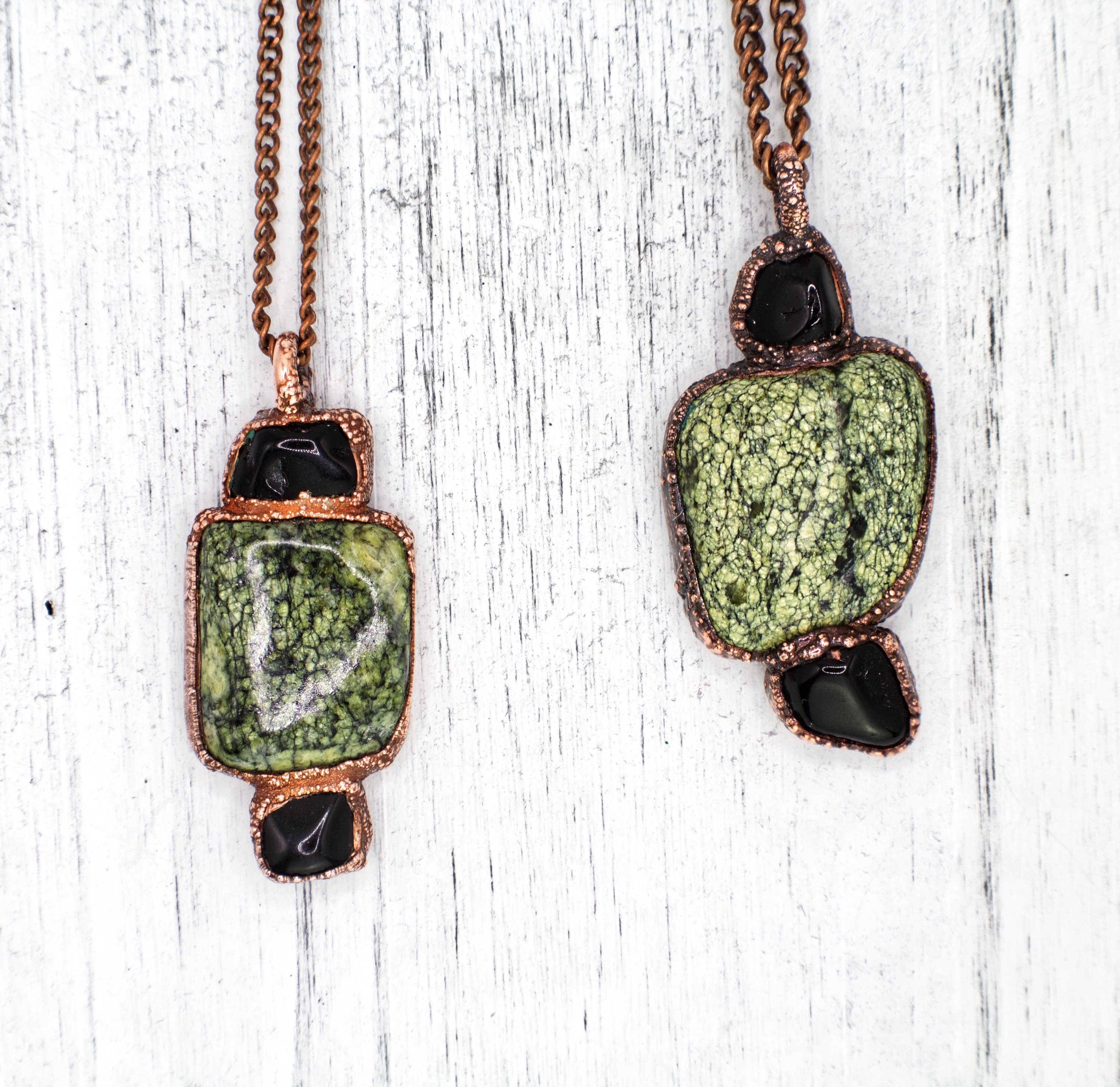 Green Lace Agate & Black Obsidian Necklace | Natural Gemstone Necklace | Electroformed Copper Jewelry | Handmade Green Crystal Pendant