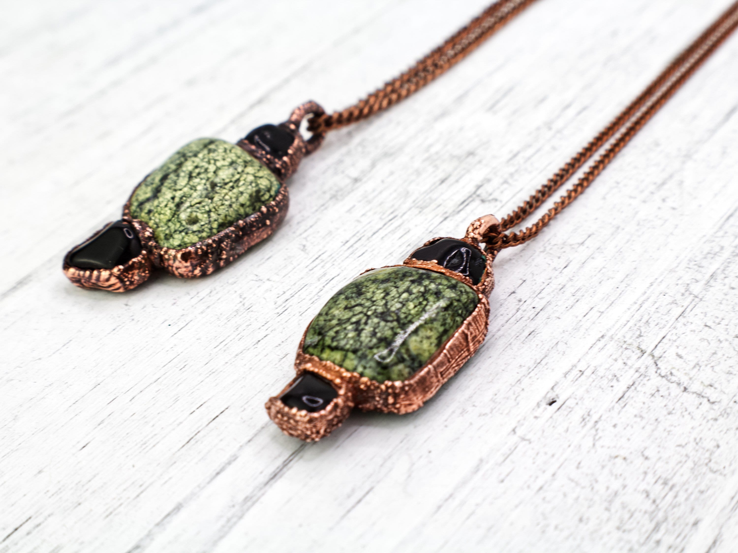Green Lace Agate & Black Obsidian Necklace | Natural Gemstone Necklace | Electroformed Copper Jewelry | Handmade Green Crystal Pendant
