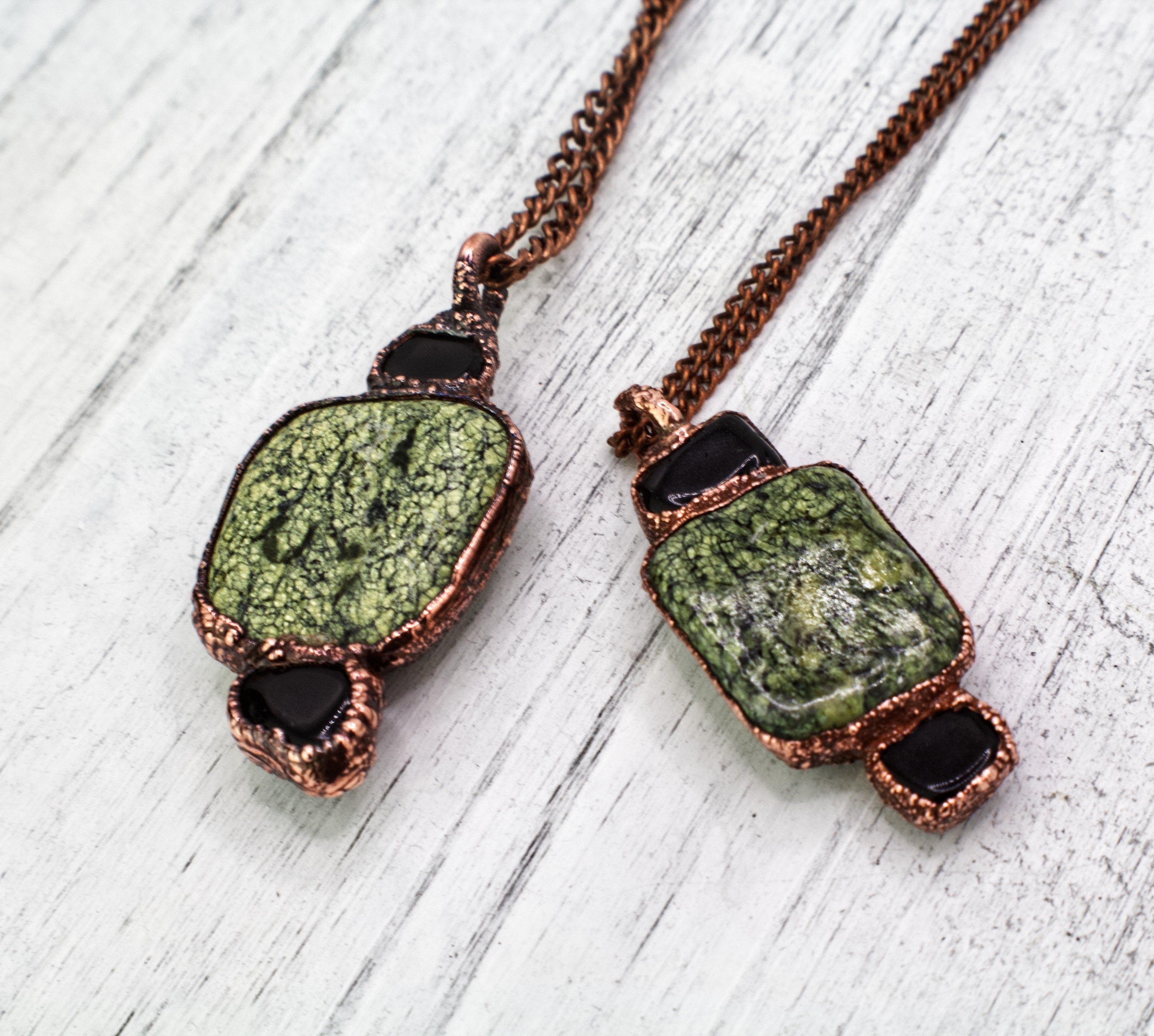 Green Lace Agate & Black Obsidian Necklace | Natural Gemstone Necklace | Electroformed Copper Jewelry | Handmade Green Crystal Pendant