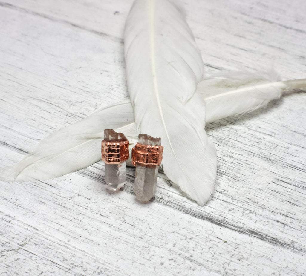 Quartz Earrings Stud / Bridesmaid Crystal Earrings / Electroformed Copper Jewelry