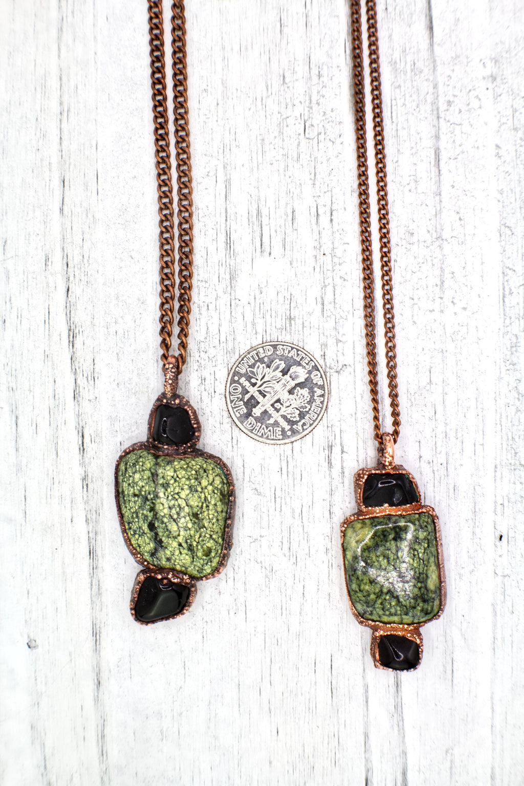 Green Lace Agate & Black Obsidian Necklace | Natural Gemstone Necklace | Electroformed Copper Jewelry | Handmade Green Crystal Pendant