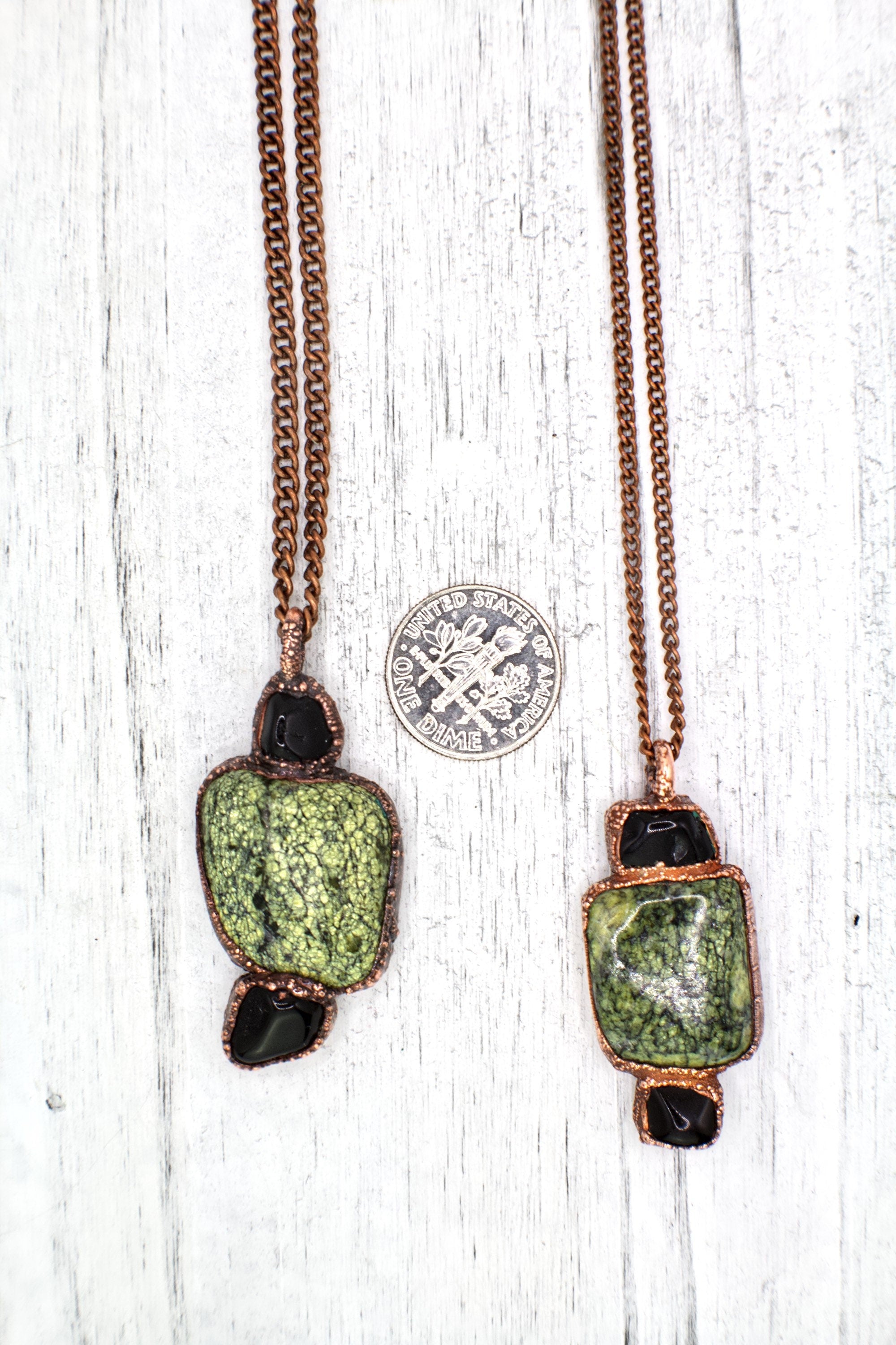 Green Lace Agate & Black Obsidian Necklace | Natural Gemstone Necklace | Electroformed Copper Jewelry | Handmade Green Crystal Pendant