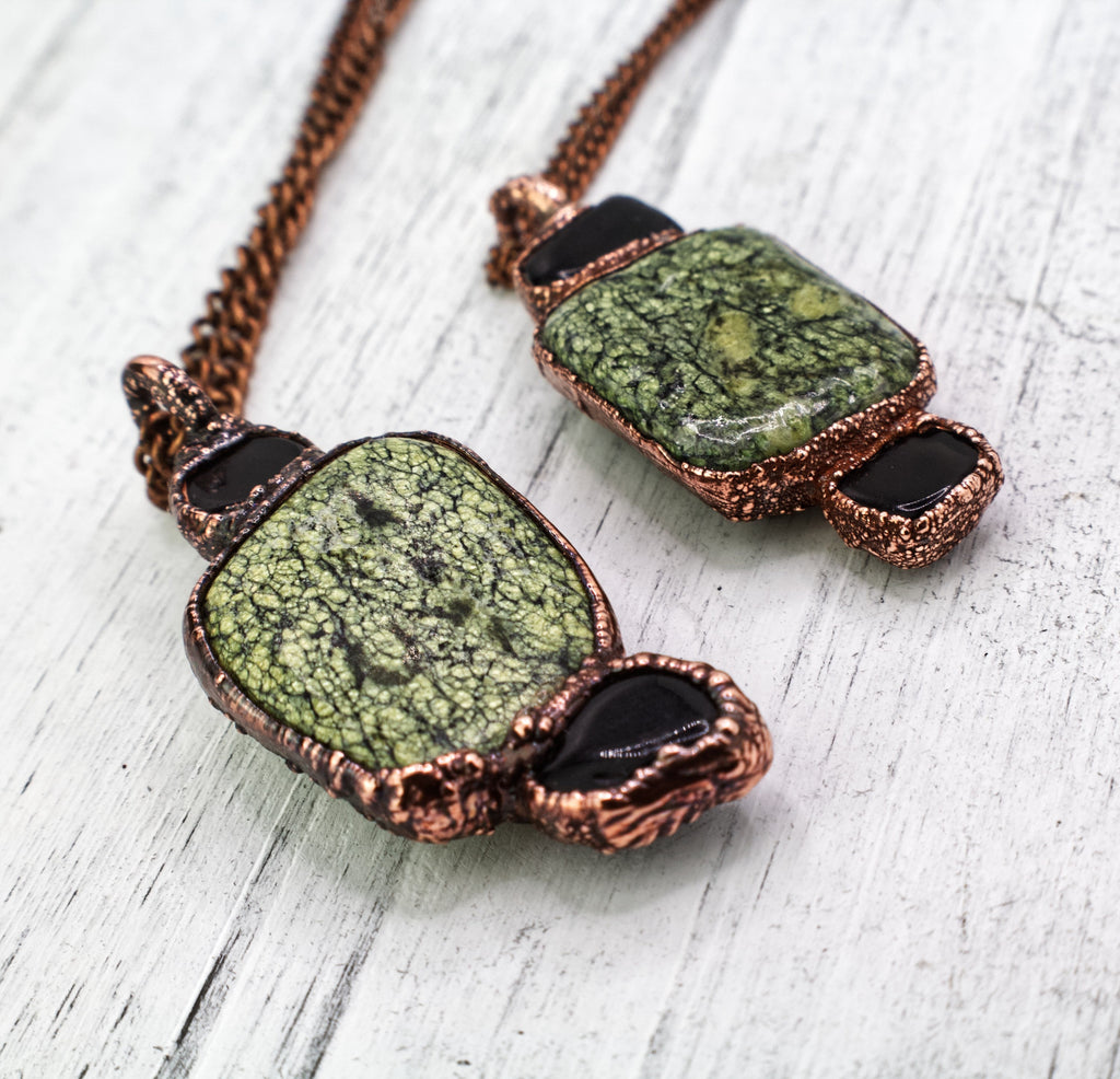 Green Lace Agate & Black Obsidian Necklace | Natural Gemstone Necklace | Electroformed Copper Jewelry | Handmade Green Crystal Pendant