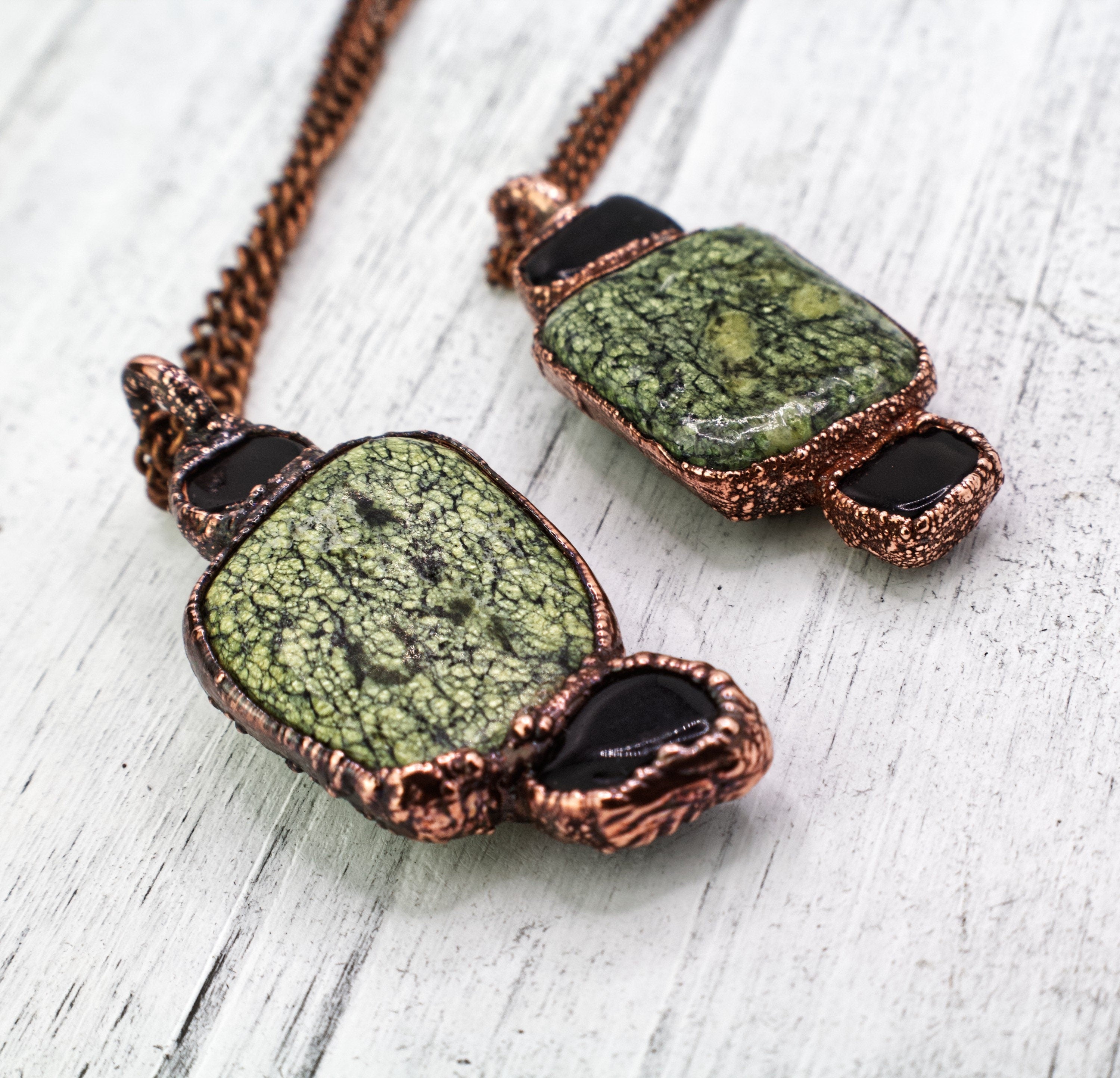 Green Lace Agate & Black Obsidian Necklace | Natural Gemstone Necklace | Electroformed Copper Jewelry | Handmade Green Crystal Pendant