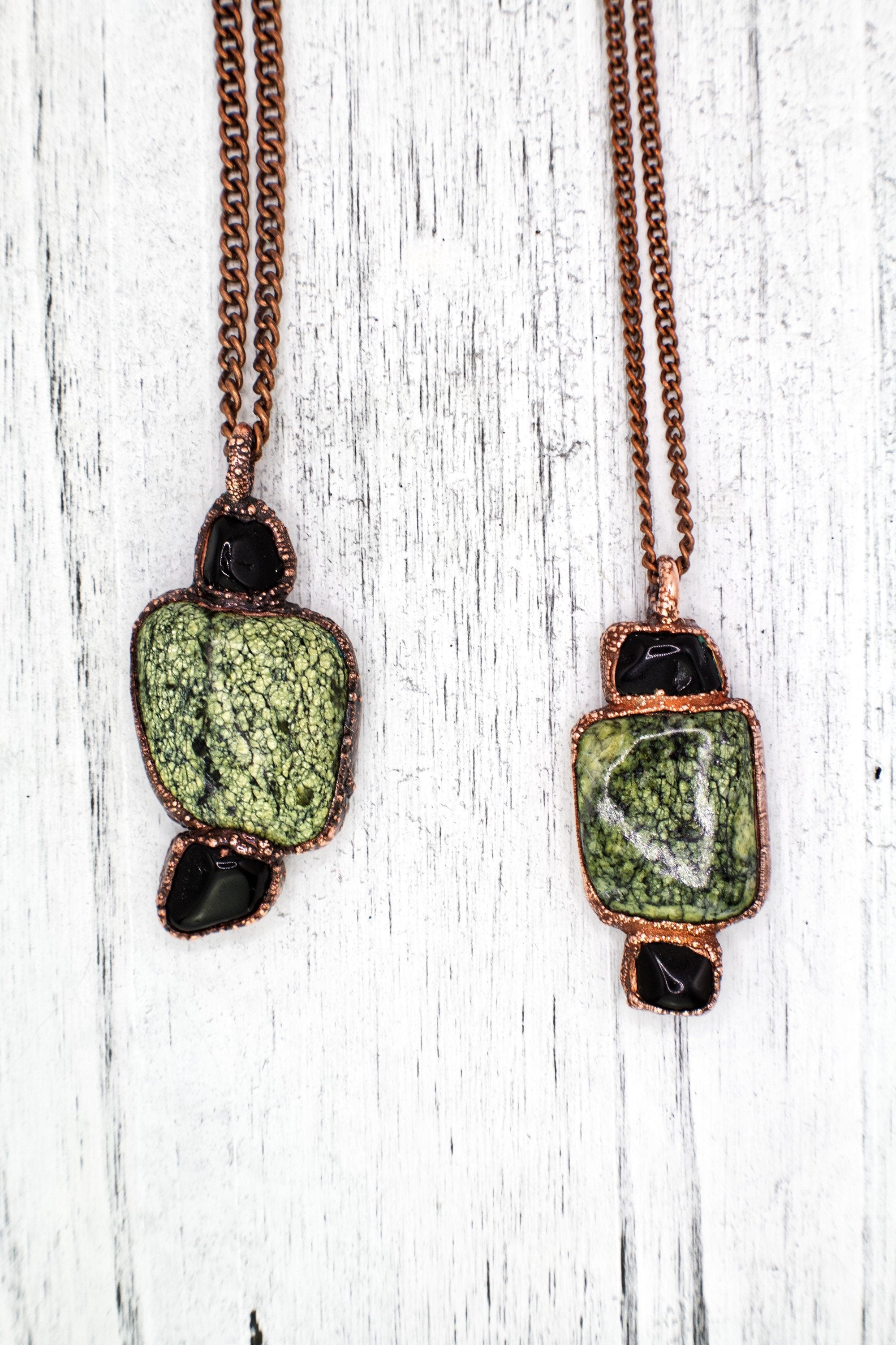 Green Lace Agate & Black Obsidian Necklace | Natural Gemstone Necklace | Electroformed Copper Jewelry | Handmade Green Crystal Pendant
