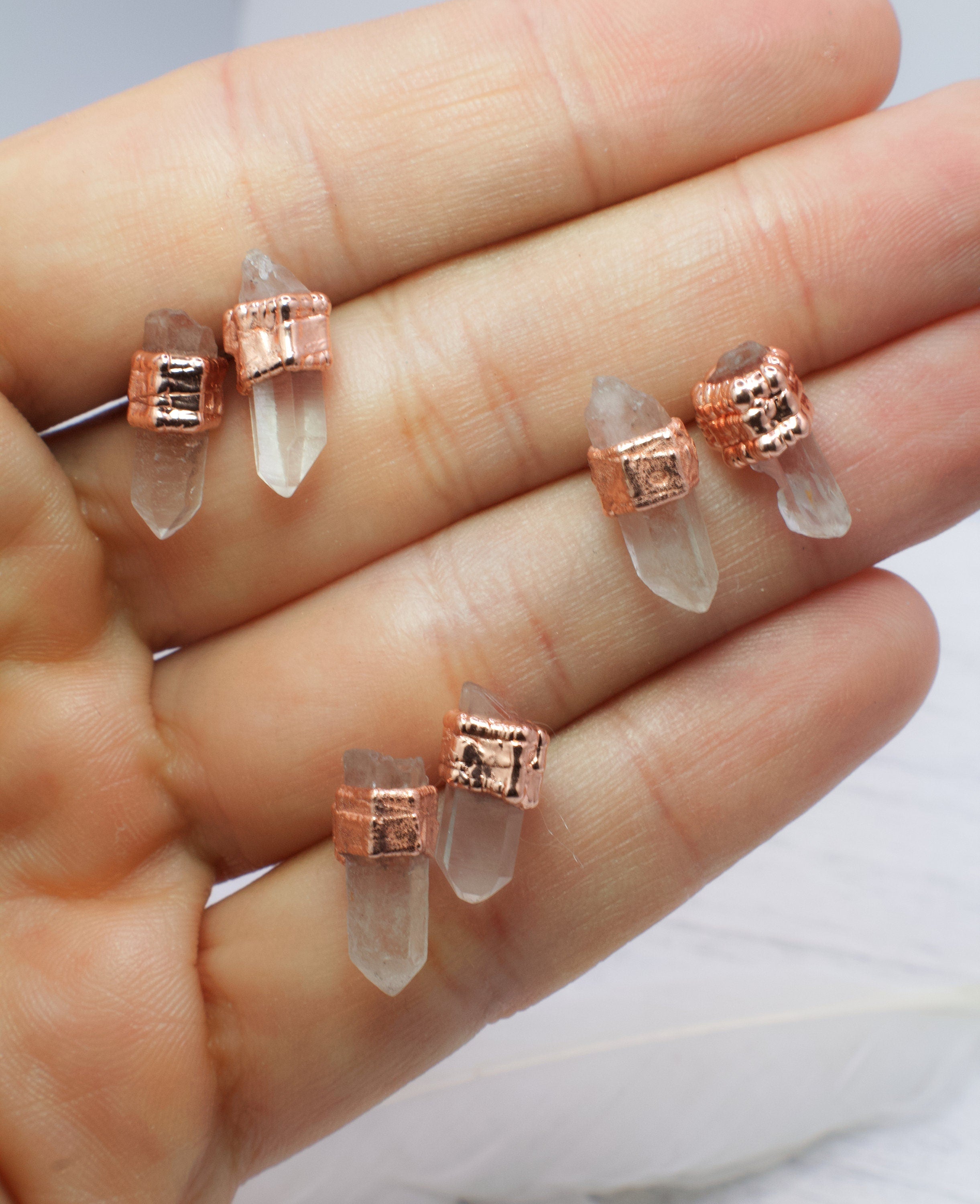 Quartz Earrings Stud / Bridesmaid Crystal Earrings / Electroformed Copper Jewelry
