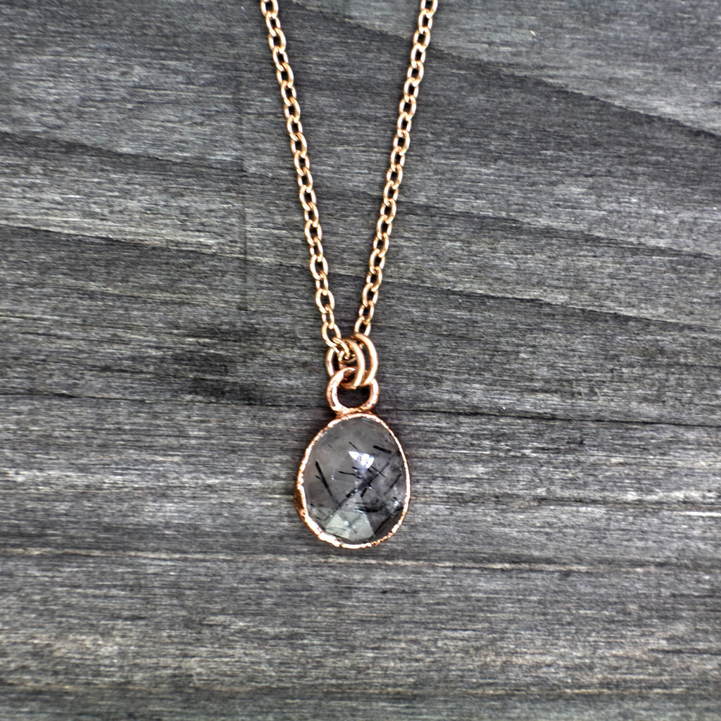 Black Rutilated Quartz Necklace / Dainty Rose Cut Crystal Necklace / Electroformed Copper