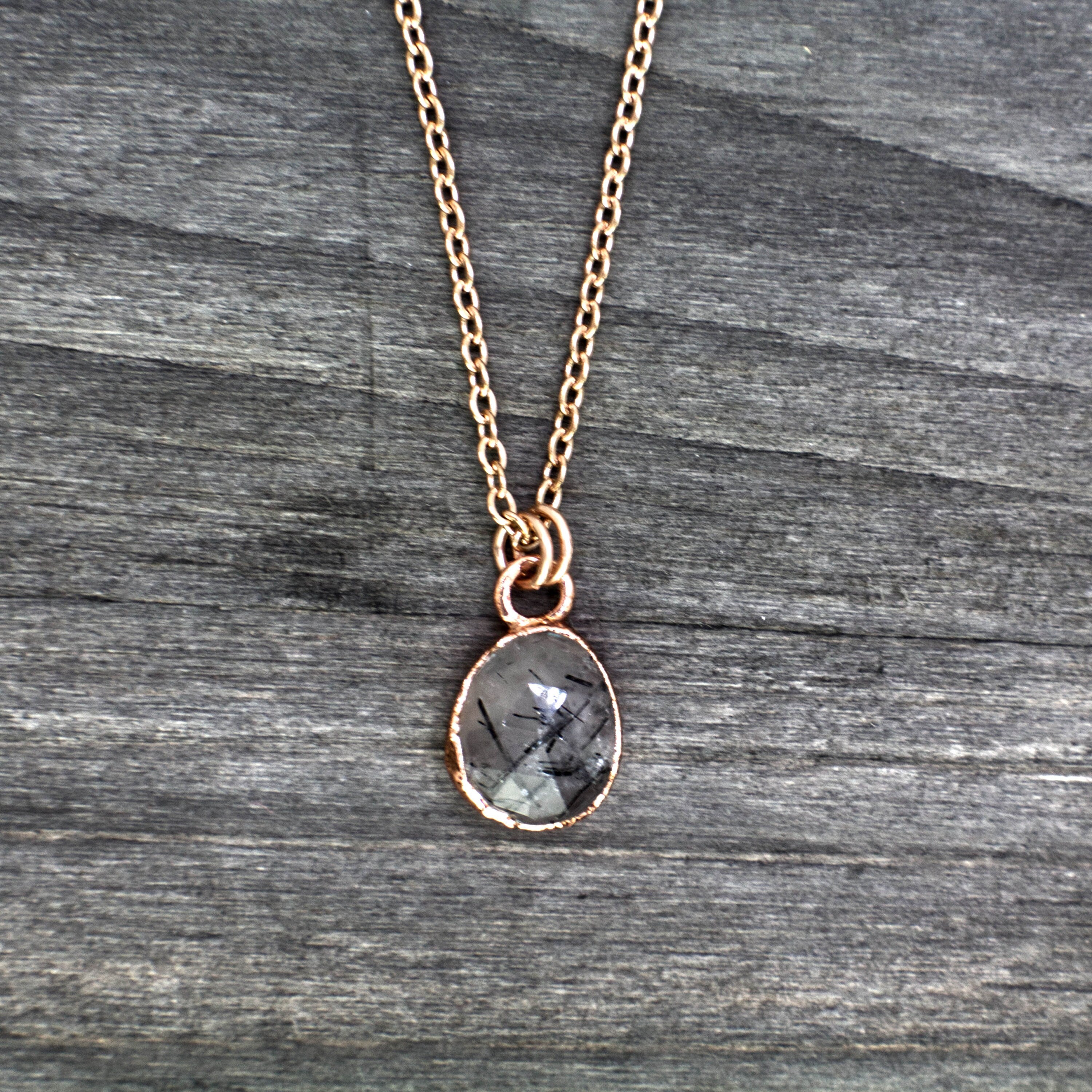 Black Rutilated Quartz Necklace / Dainty Rose Cut Crystal Necklace / Electroformed Copper