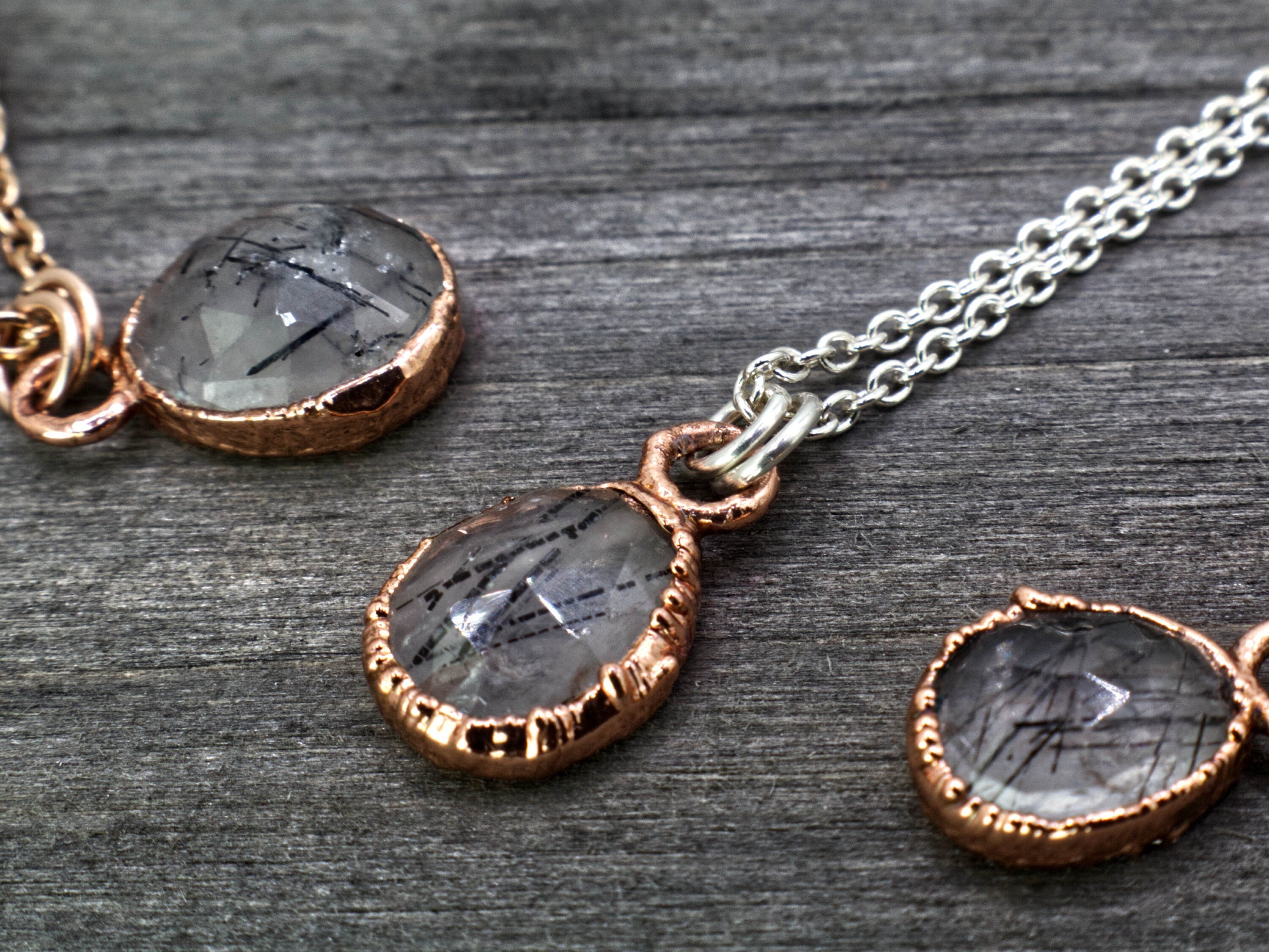 Black Rutilated Quartz Necklace / Dainty Rose Cut Crystal Necklace / Electroformed Copper