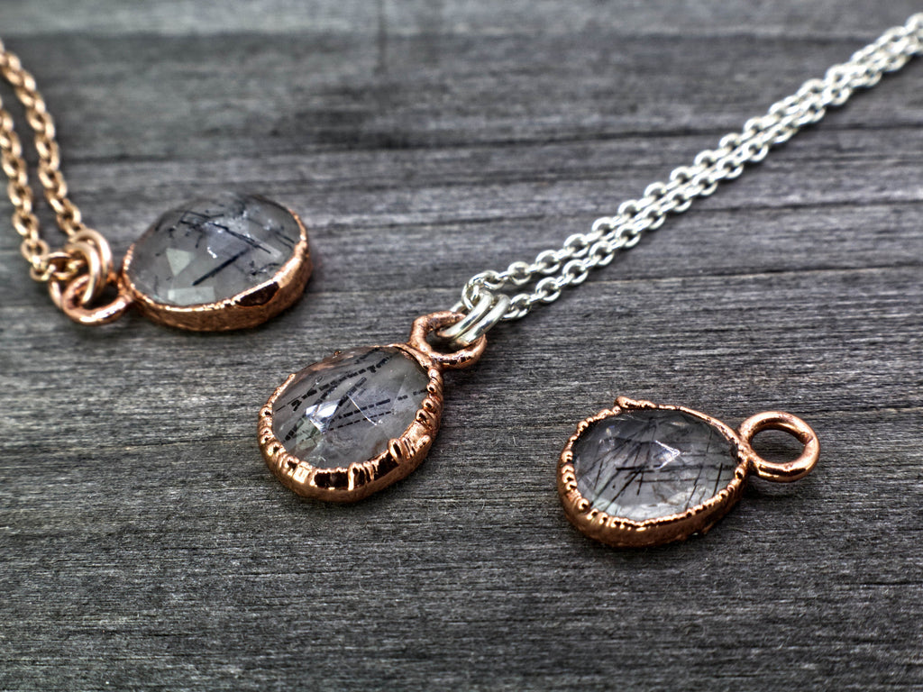 Black Rutilated Quartz Necklace / Dainty Rose Cut Crystal Necklace / Electroformed Copper