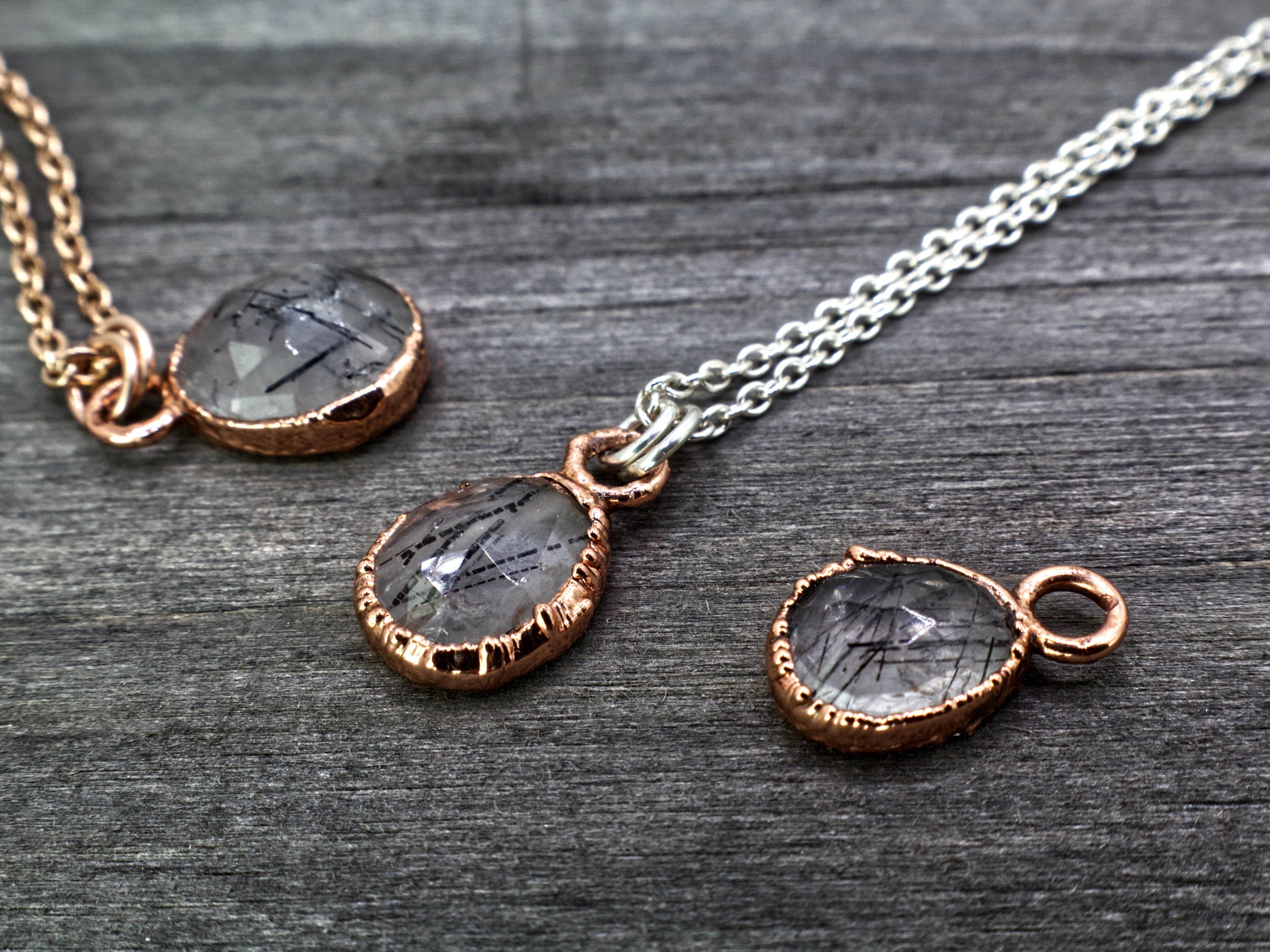 Black Rutilated Quartz Necklace / Dainty Rose Cut Crystal Necklace / Electroformed Copper