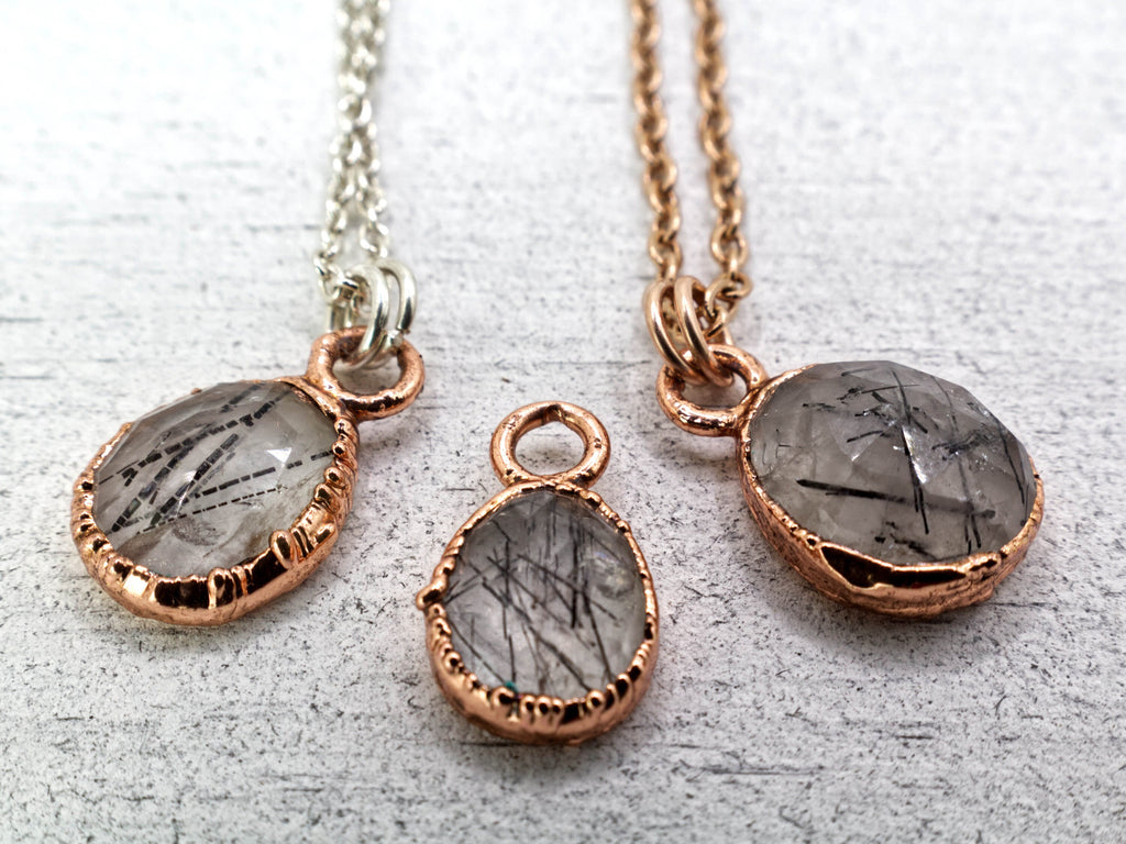 Black Rutilated Quartz Necklace / Dainty Rose Cut Crystal Necklace / Electroformed Copper