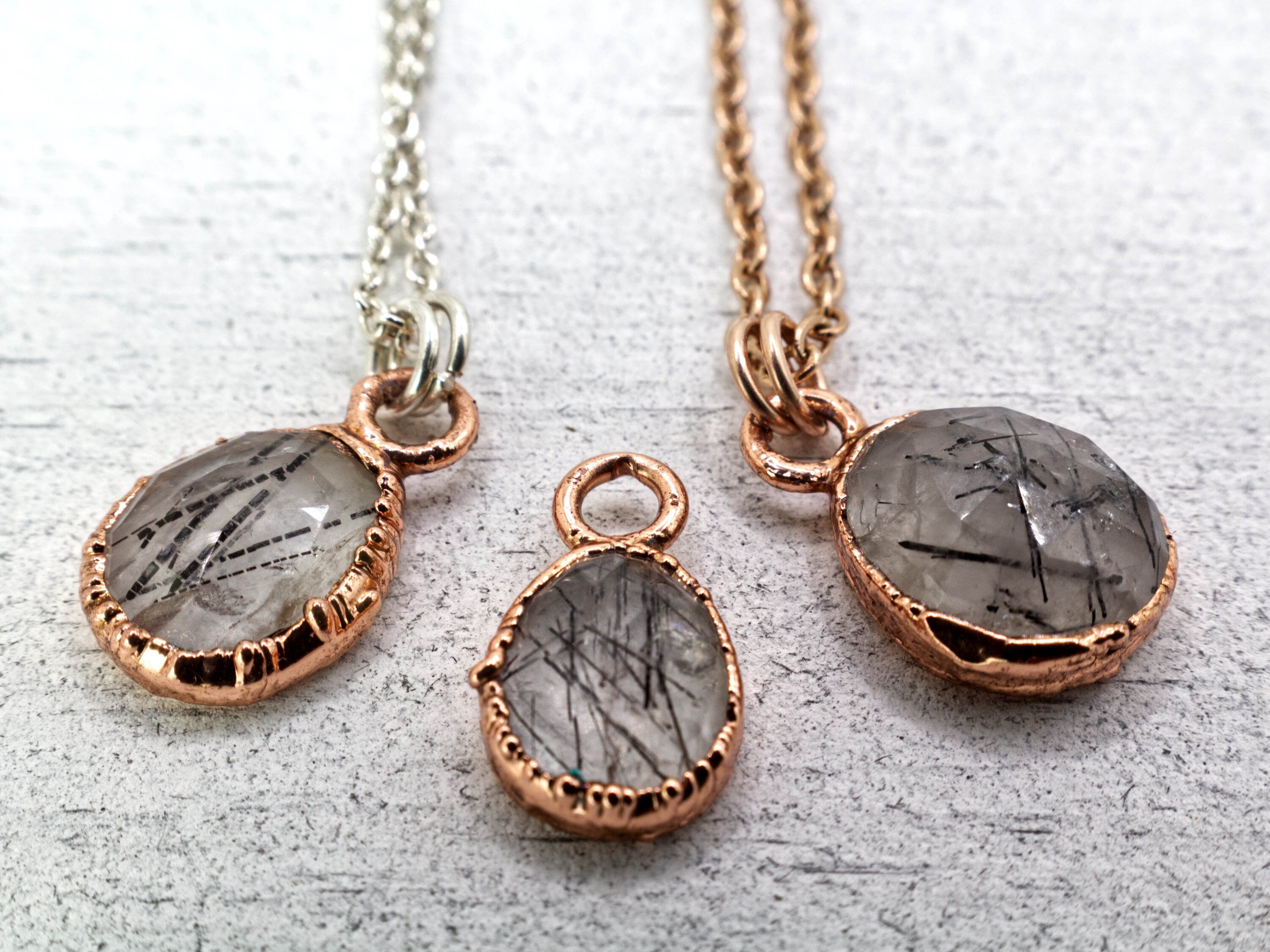 Black Rutilated Quartz Necklace / Dainty Rose Cut Crystal Necklace / Electroformed Copper