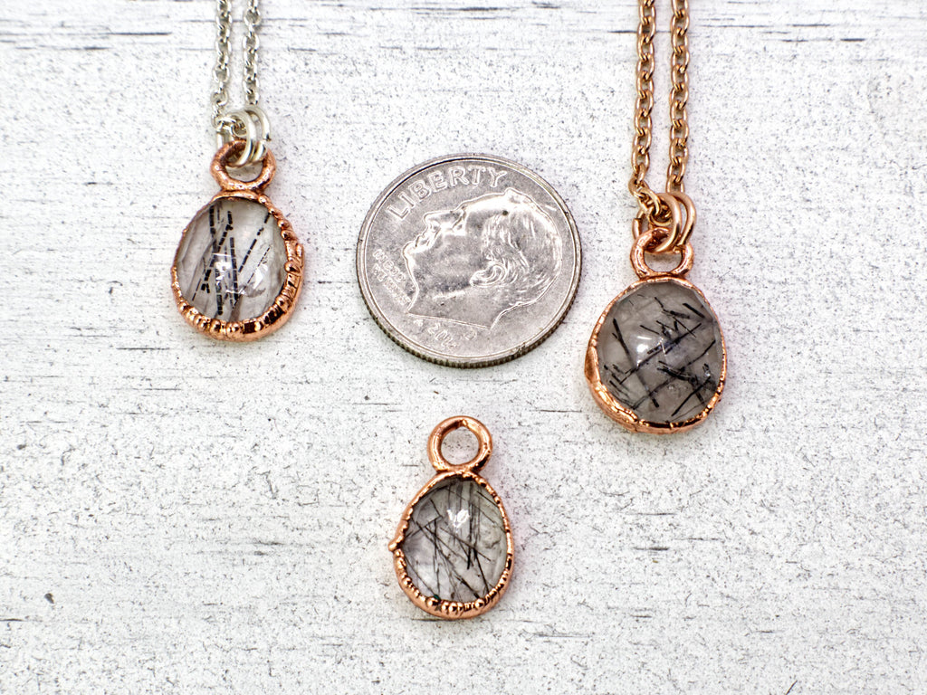 Black Rutilated Quartz Necklace / Dainty Rose Cut Crystal Necklace / Electroformed Copper