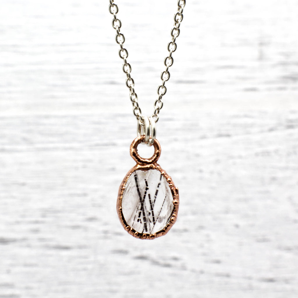 Black Rutilated Quartz Necklace / Dainty Rose Cut Crystal Necklace / Electroformed Copper