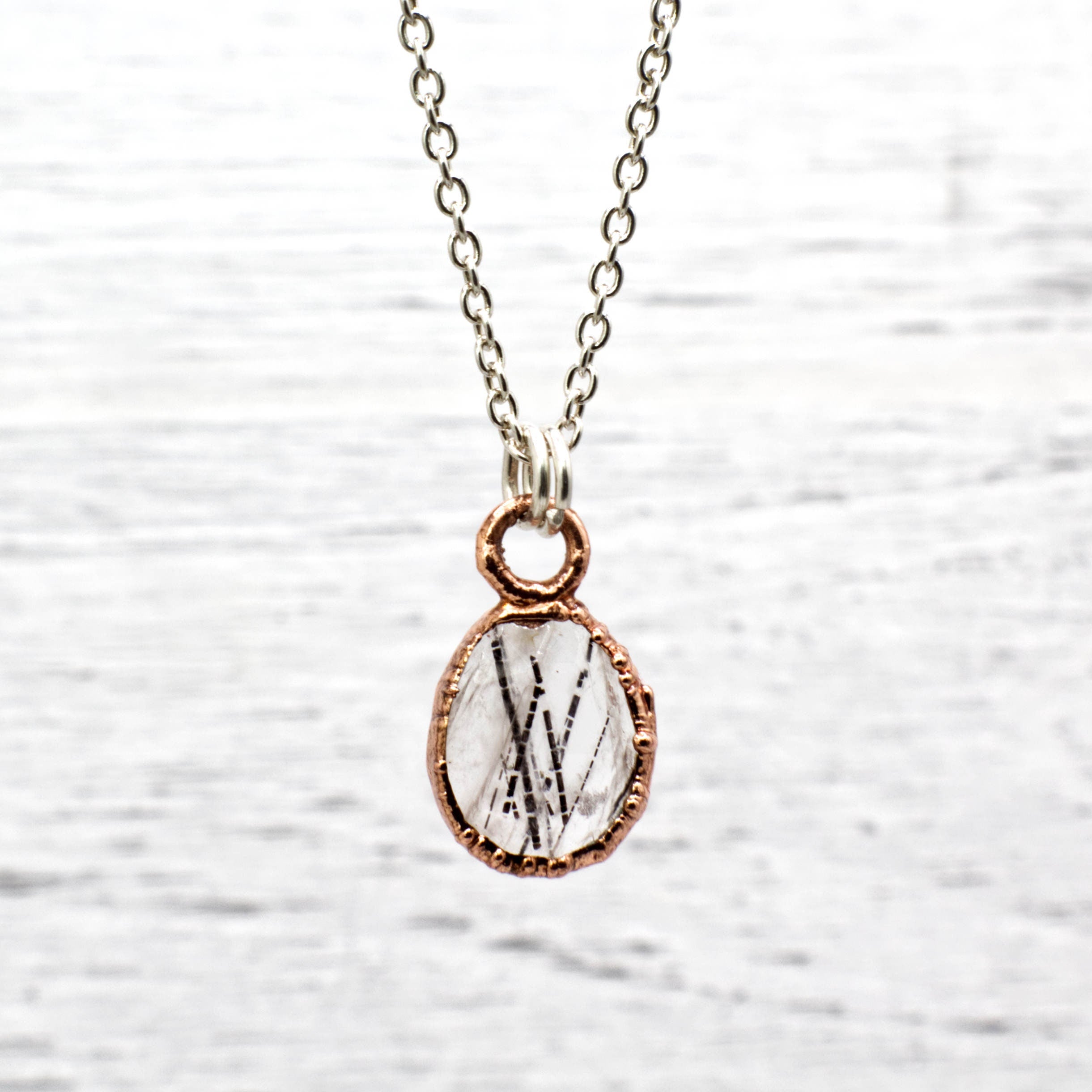 Black Rutilated Quartz Necklace / Dainty Rose Cut Crystal Necklace / Electroformed Copper